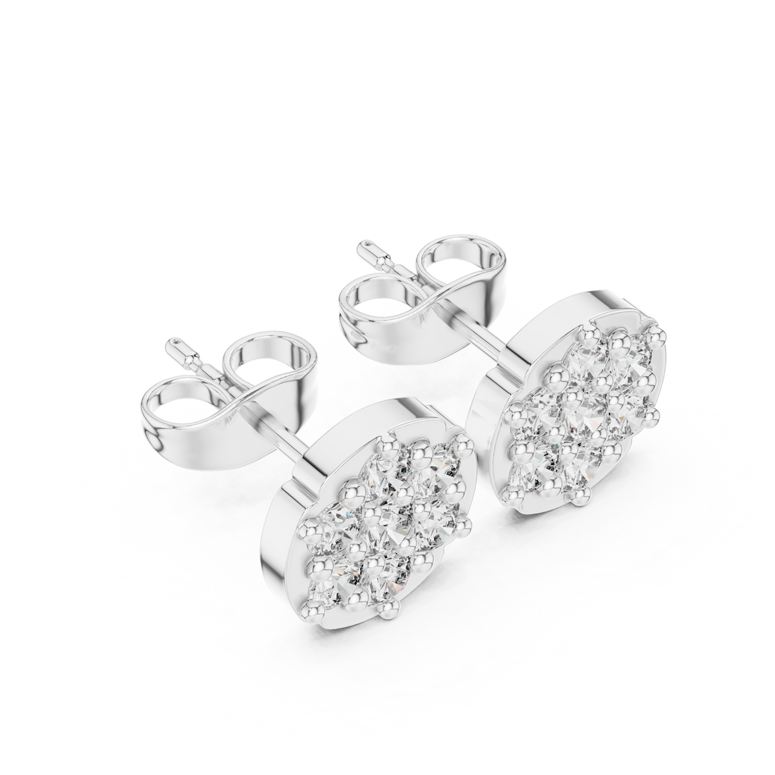 Round Brilliant Diamond Floral Cluster Prong Set Classic Disc Stud Earrings