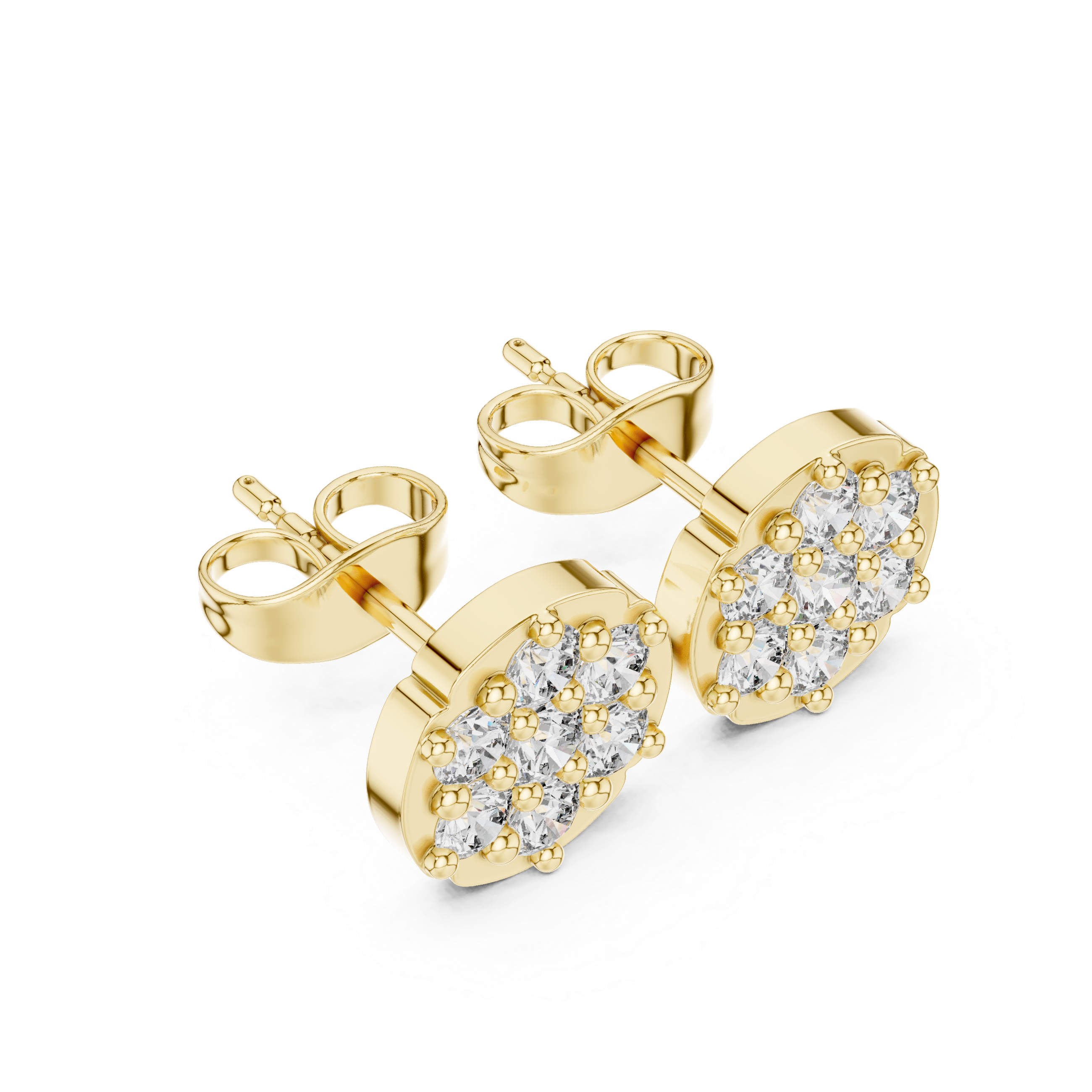 Round Brilliant Diamond Floral Cluster Prong Set Classic Disc Stud Earrings