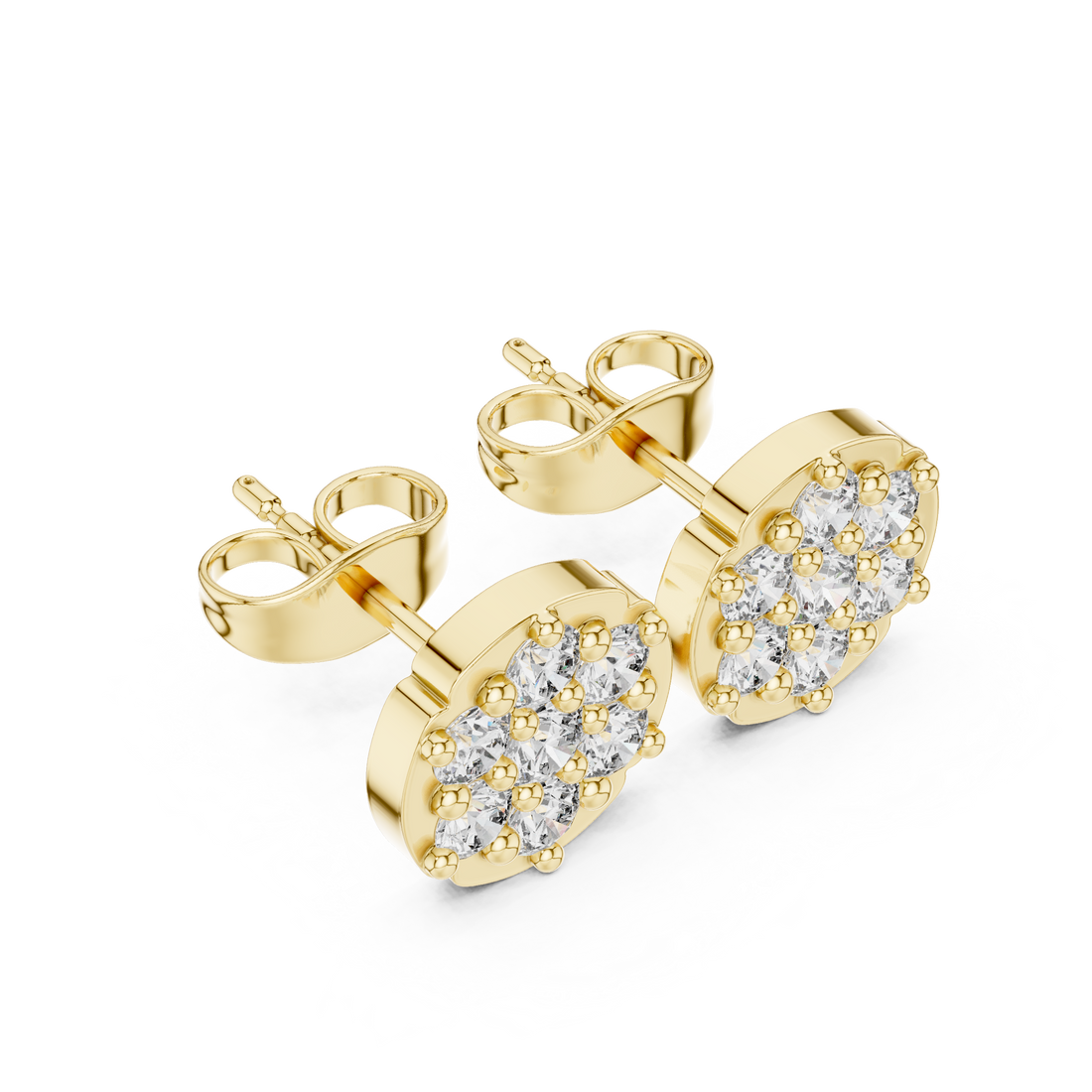 Round Brilliant Diamond Floral Cluster Prong Set Classic Disc Stud Earrings