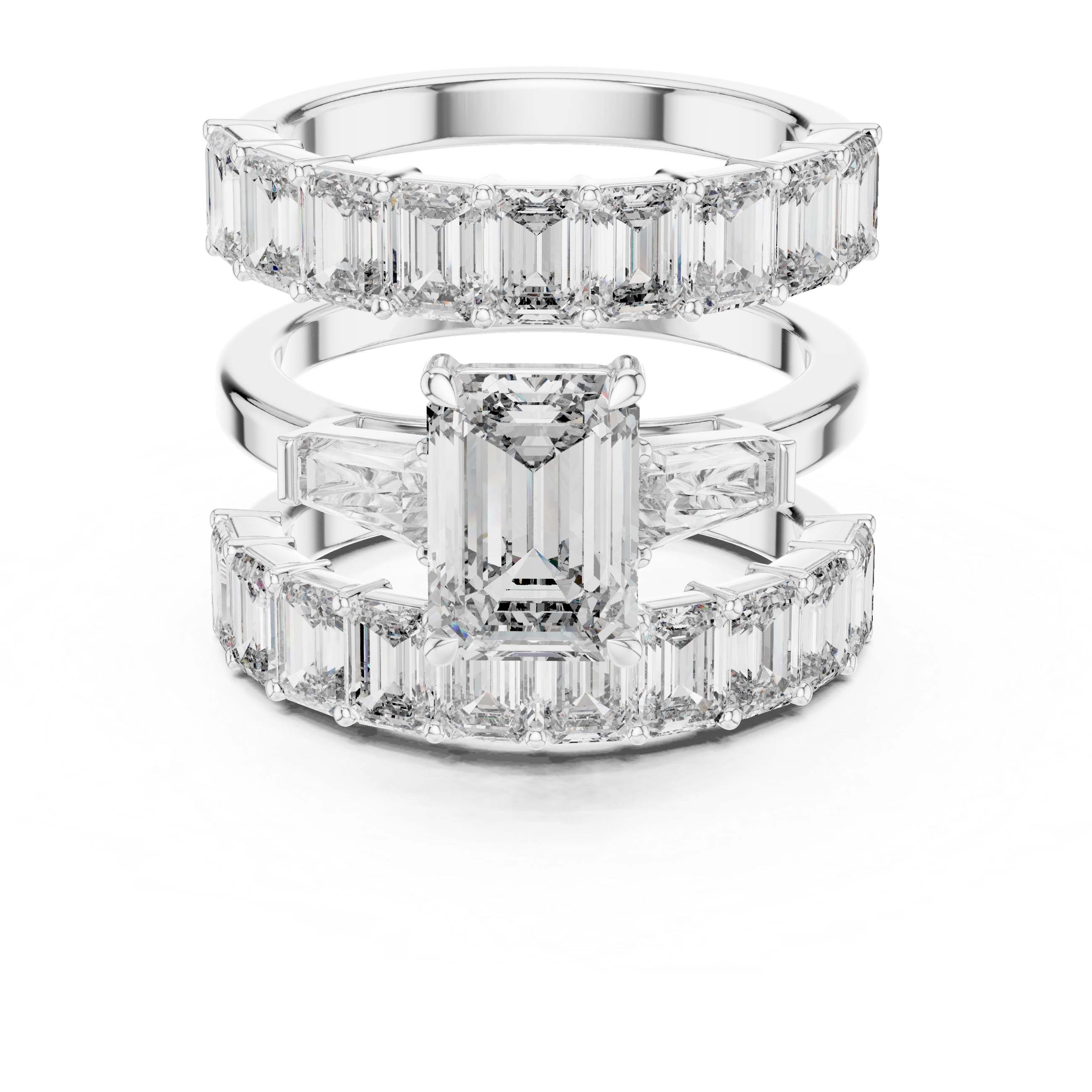 Emerald Cut Three Stone Diamond Engagement Ring with Baguette Band Accents