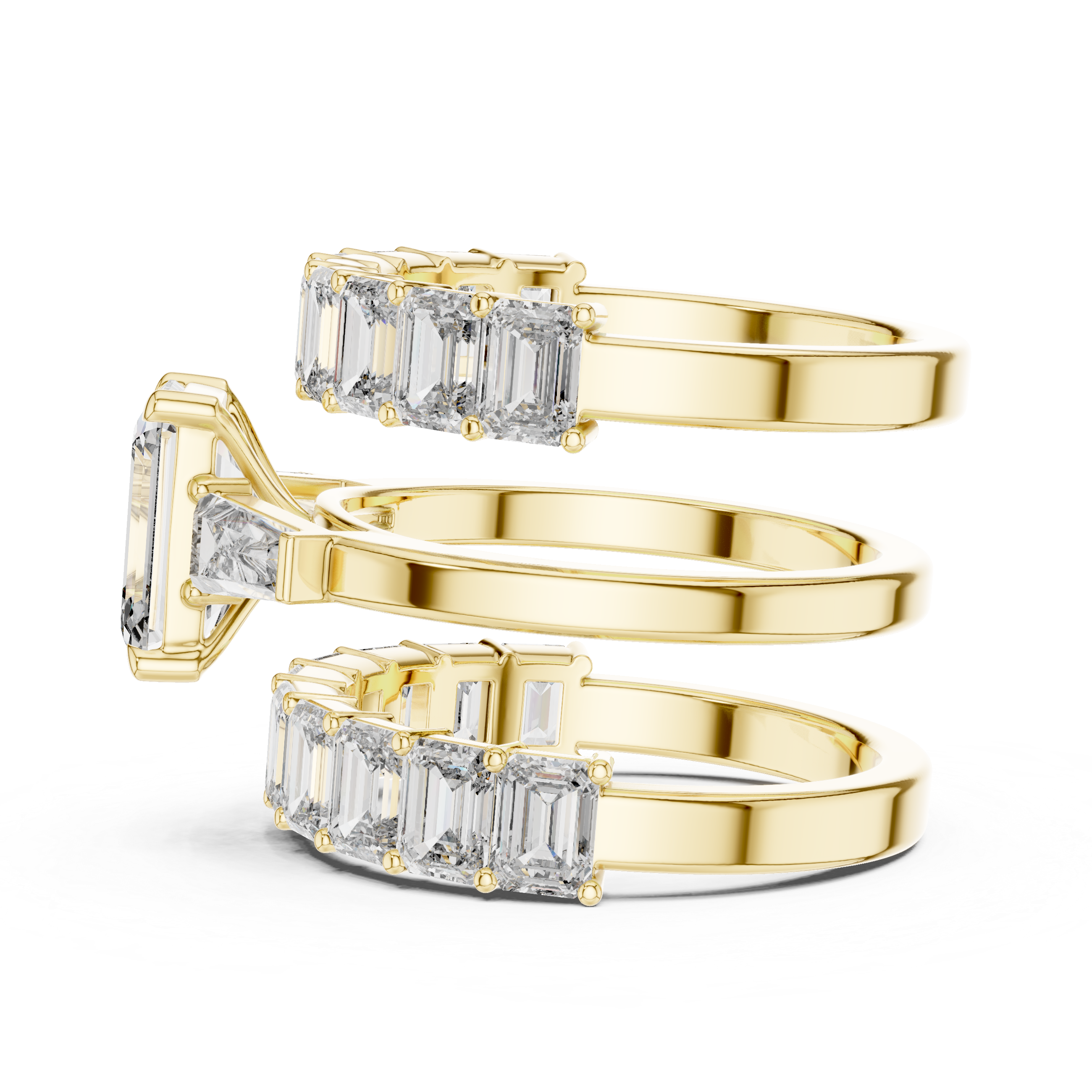 Emerald Cut Three Stone Diamond Engagement Ring with Baguette Band Accents