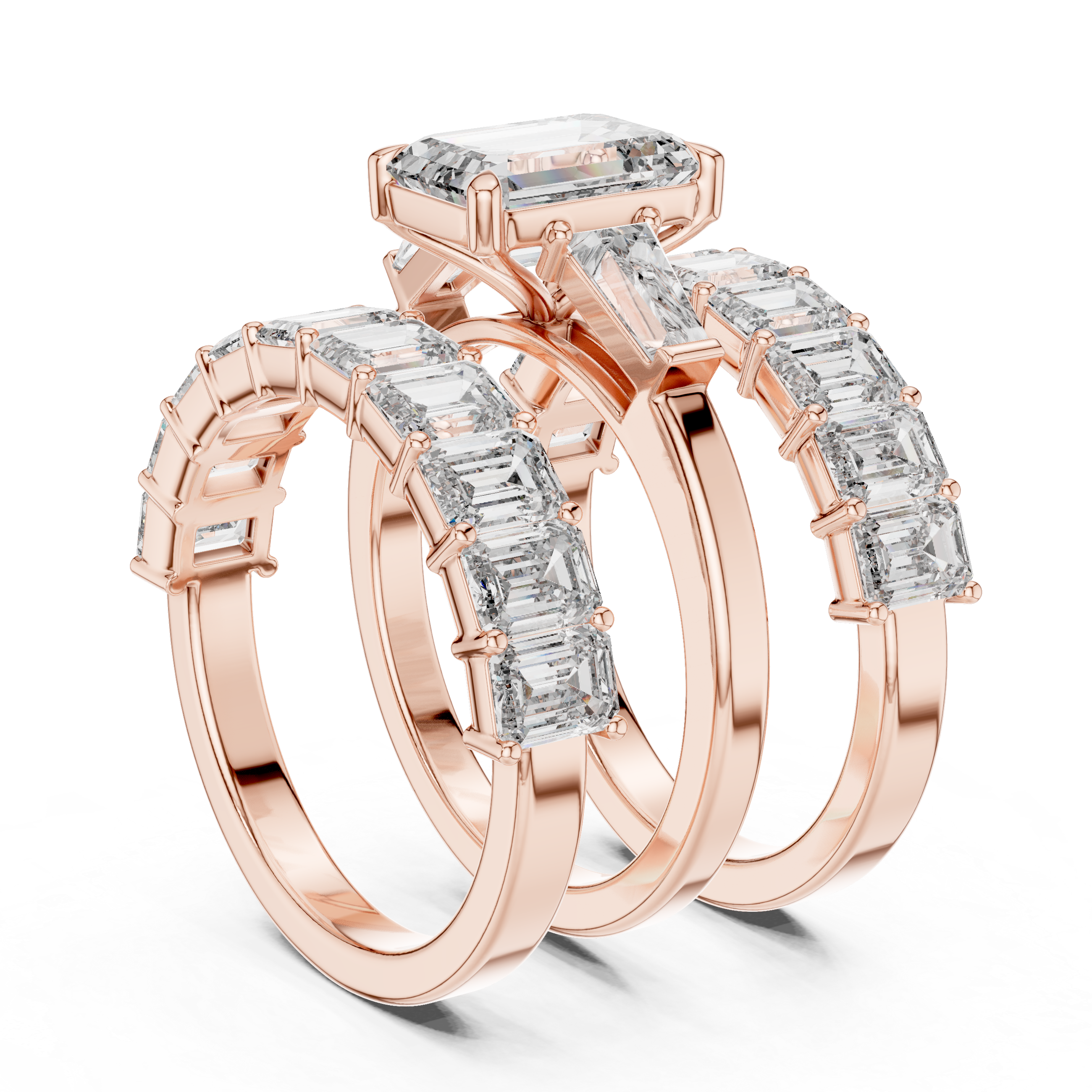 Emerald Cut Three Stone Diamond Engagement Ring with Baguette Band Accents