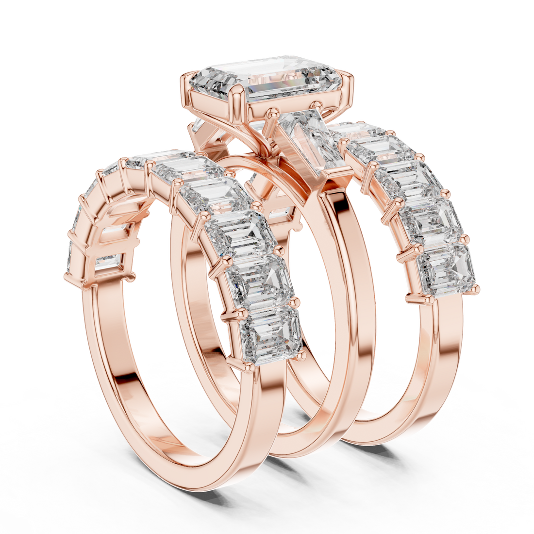 Emerald Cut Three Stone Diamond Engagement Ring with Baguette Band Accents