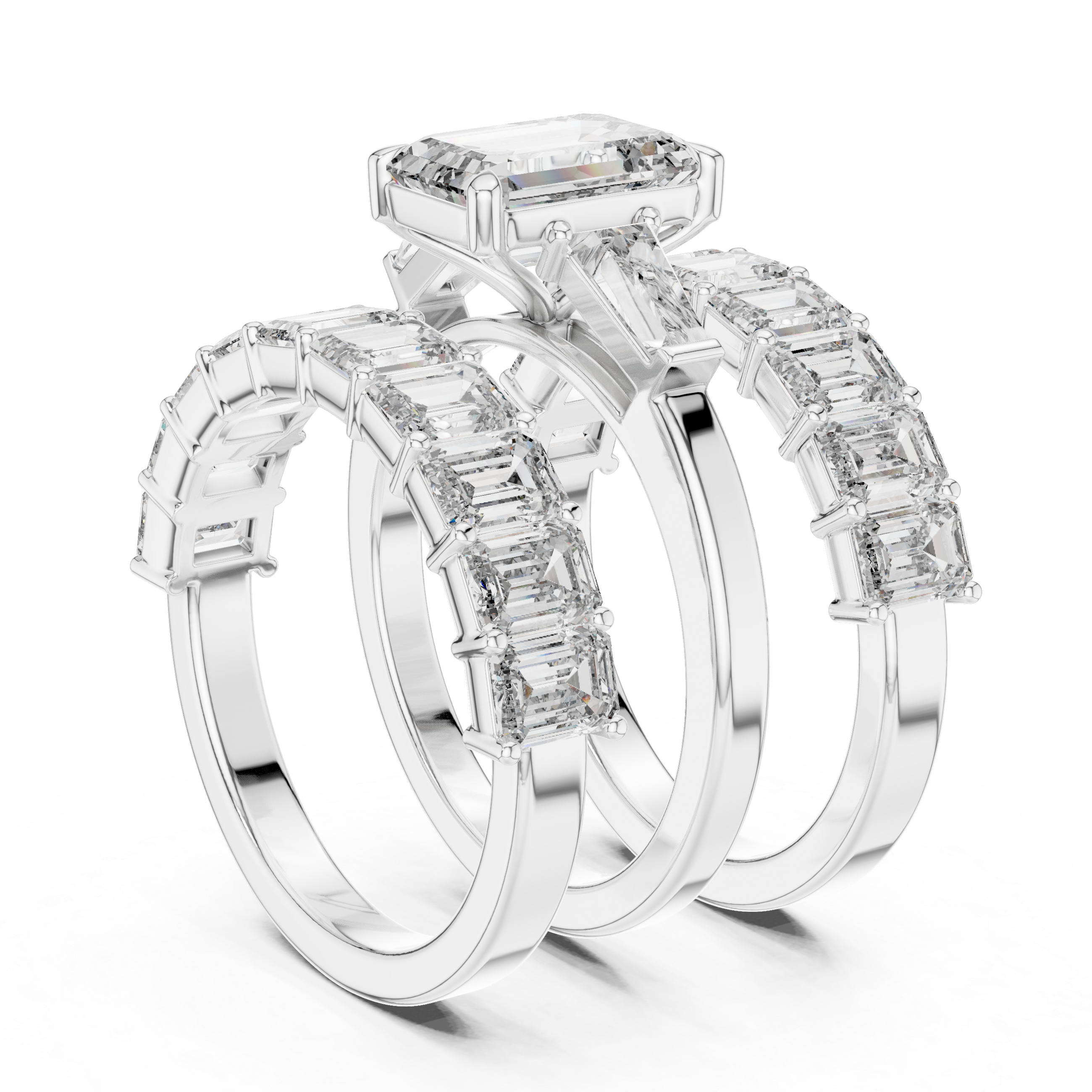 Emerald Cut Three Stone Diamond Engagement Ring with Baguette Band Accents