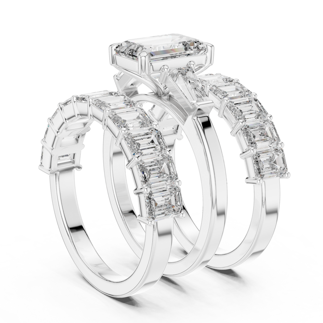 Emerald Cut Three Stone Diamond Engagement Ring with Baguette Band Accents