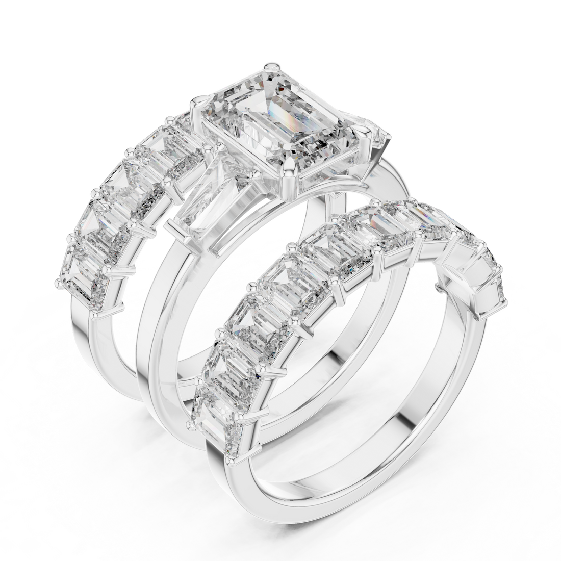Emerald Cut Three Stone Diamond Engagement Ring with Baguette Band Accents