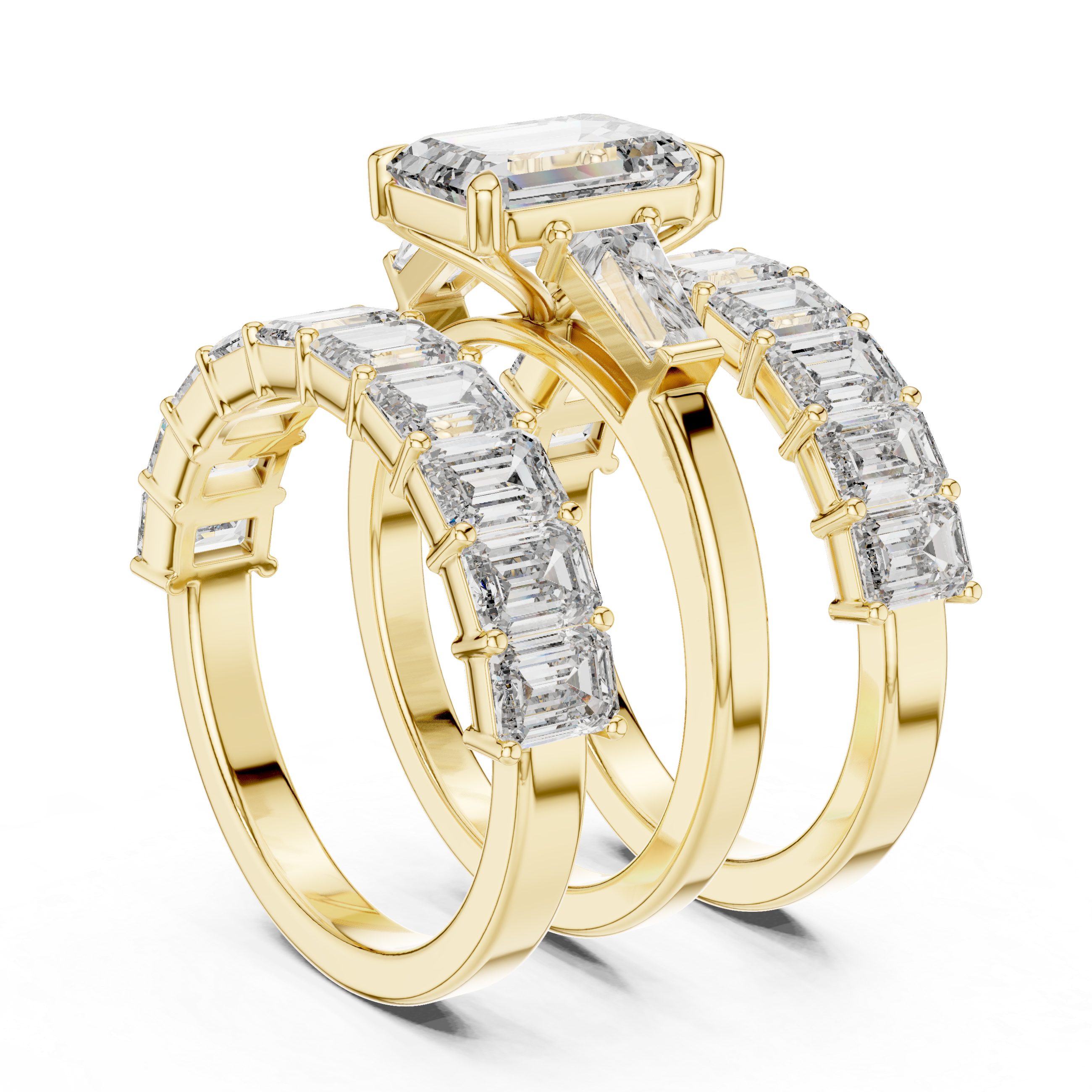 Emerald Cut Three Stone Diamond Engagement Ring with Baguette Band Accents