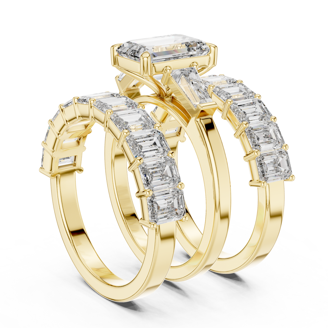Emerald Cut Three Stone Diamond Engagement Ring with Baguette Band Accents