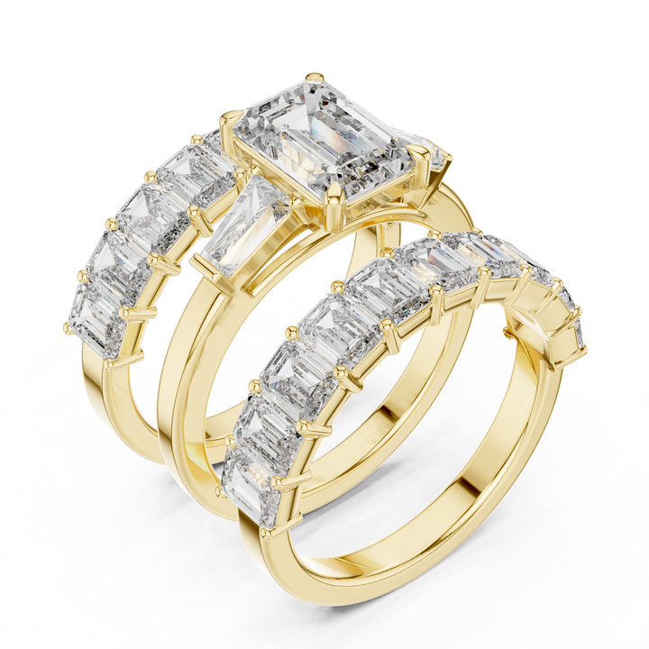 Emerald Cut Three Stone Diamond Engagement Ring with Baguette Band Accents