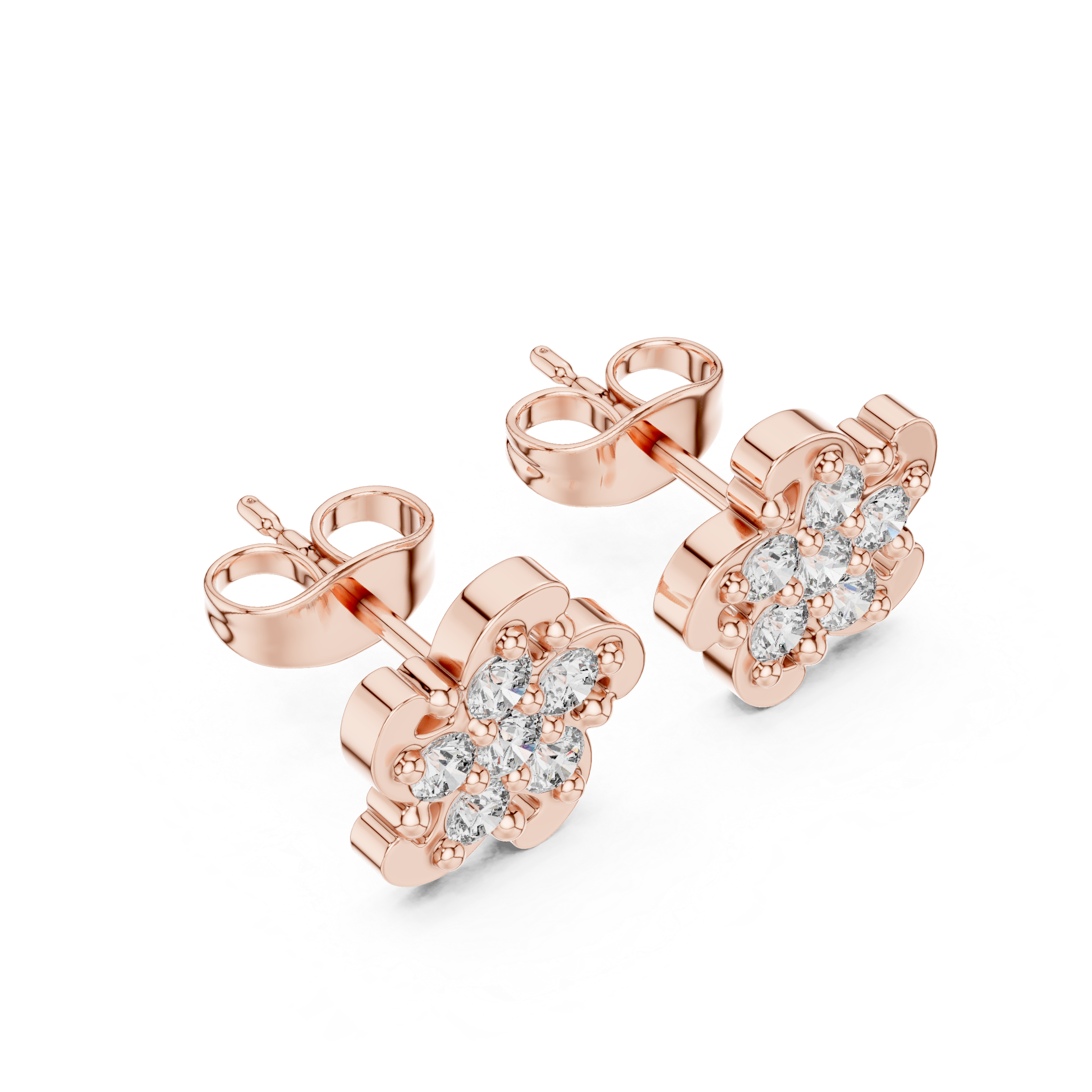 Round Brilliant Diamond Floral Petal Cluster Prong Set Classic Stud Earrings