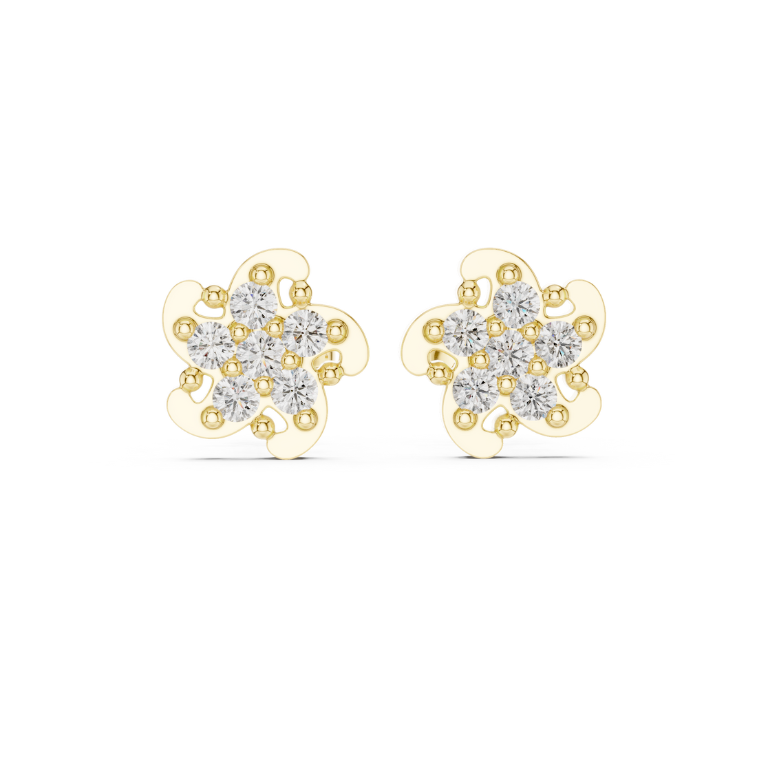 Round Brilliant Diamond Floral Petal Cluster Prong Set Classic Stud Earrings