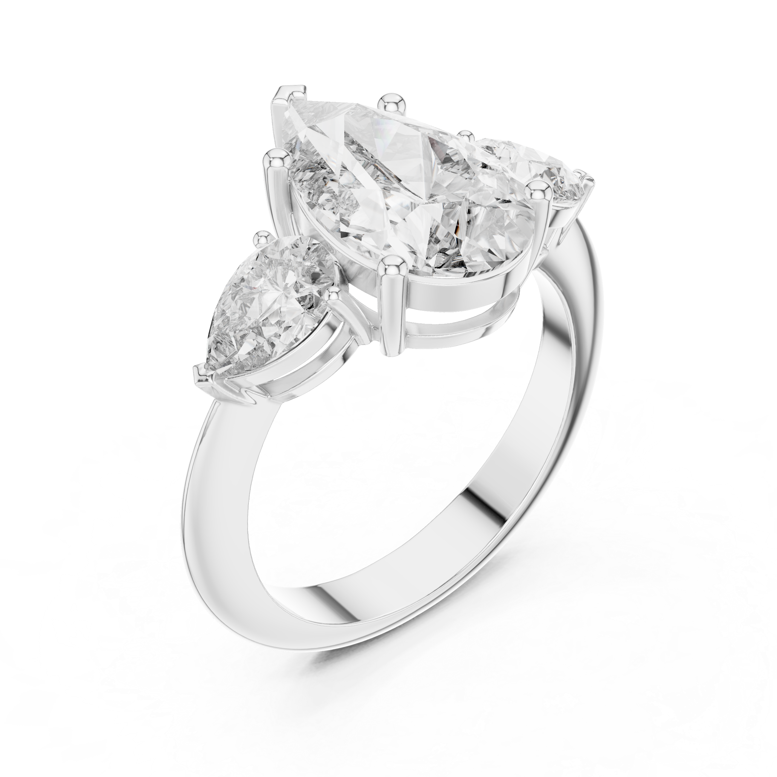 Pear Cut Three Stone Diamond Engagement Ring with Tapered Side Stones