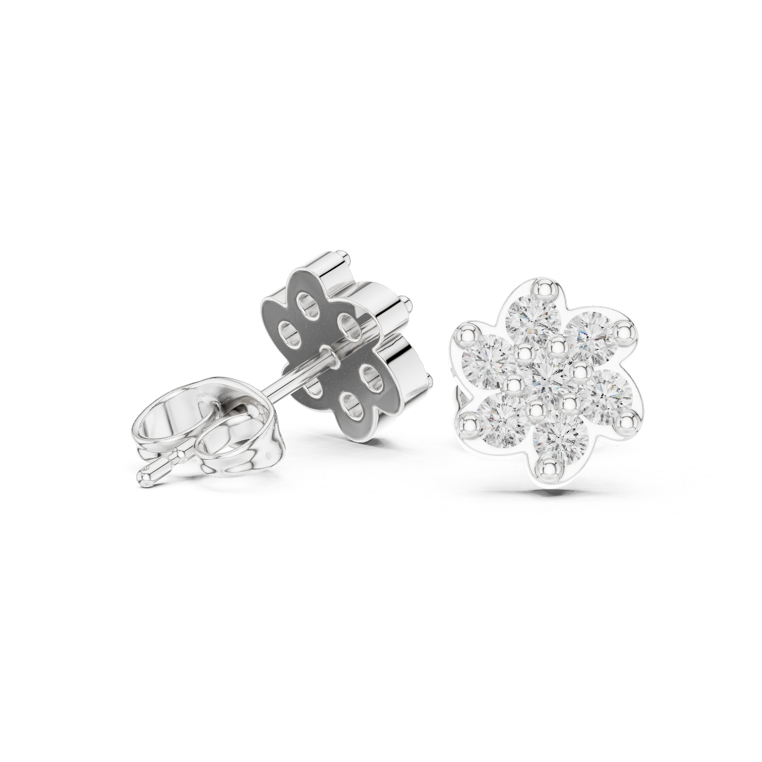 Round Brilliant Diamond Floral Blossom Cluster Prong Set Classic Stud Earrings