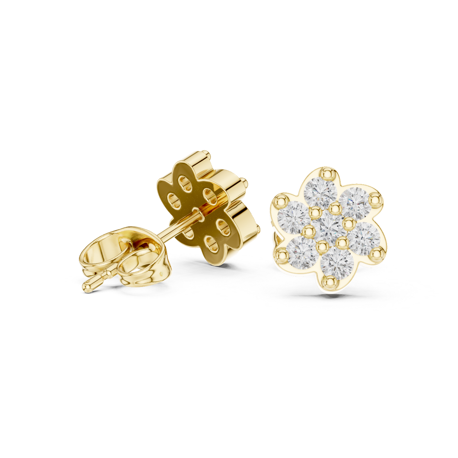 Round Brilliant Diamond Floral Blossom Cluster Prong Set Classic Stud Earrings
