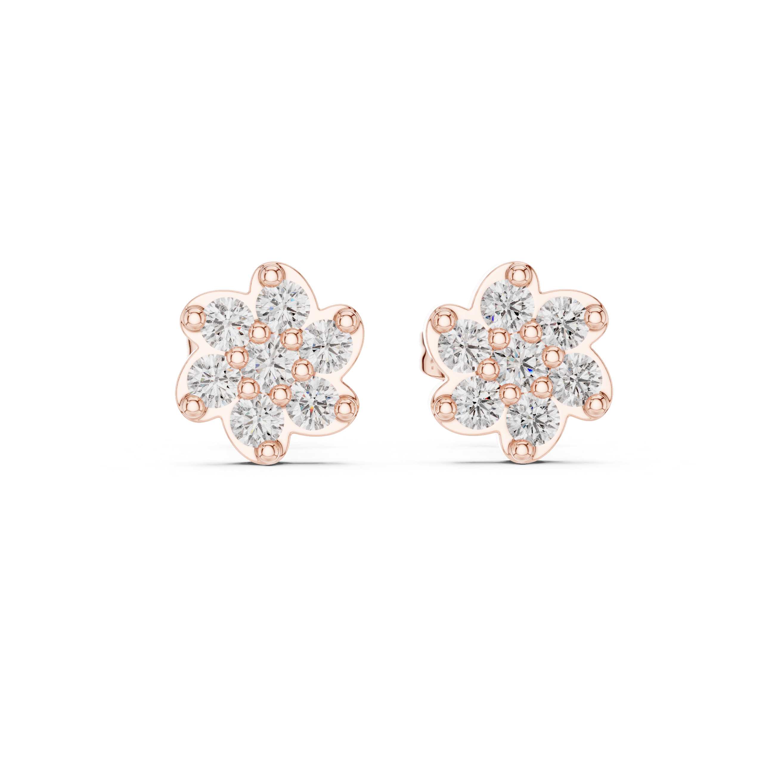 Round Brilliant Diamond Floral Blossom Cluster Prong Set Classic Stud Earrings