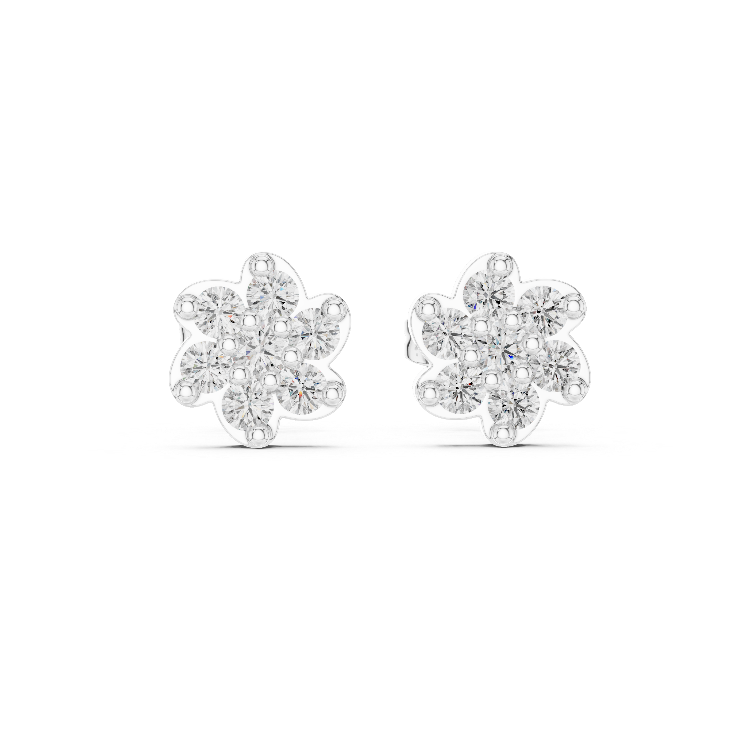 Round Brilliant Diamond Floral Blossom Cluster Prong Set Classic Stud Earrings