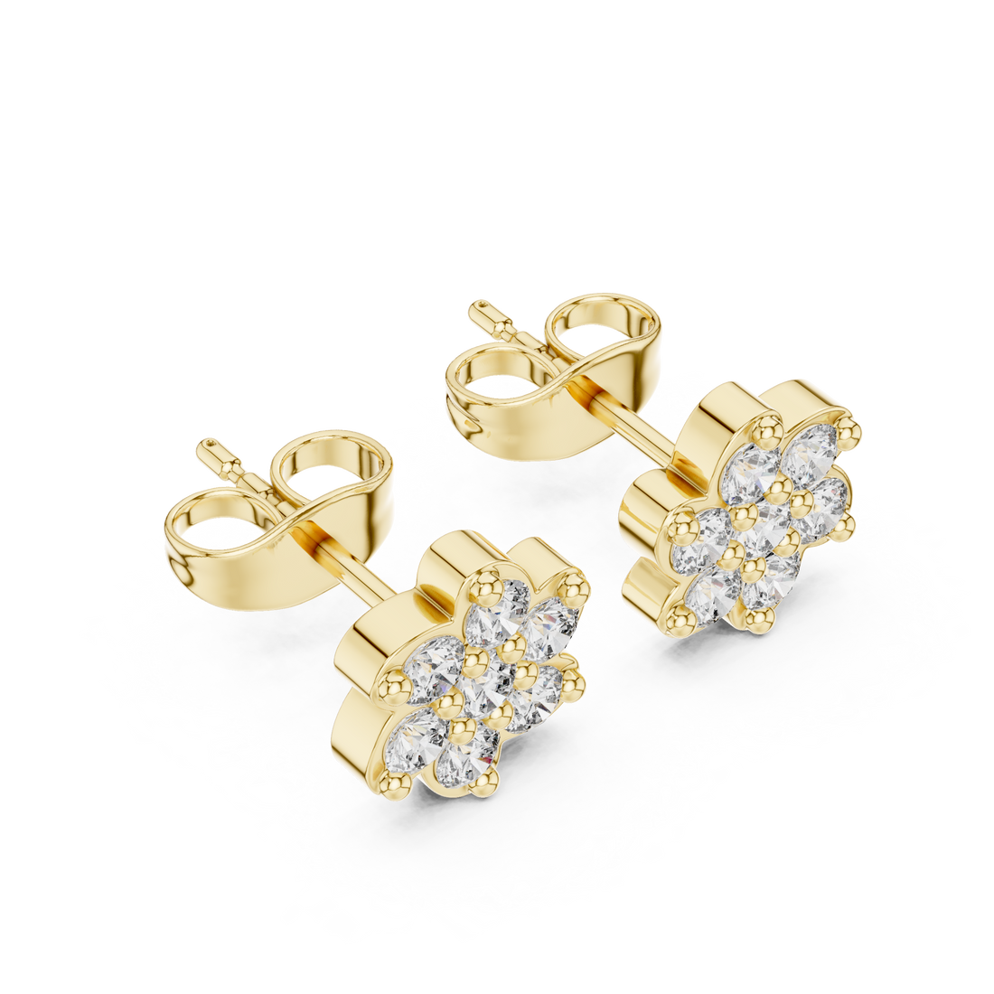 Round Brilliant Diamond Floral Blossom Cluster Prong Set Classic Stud Earrings