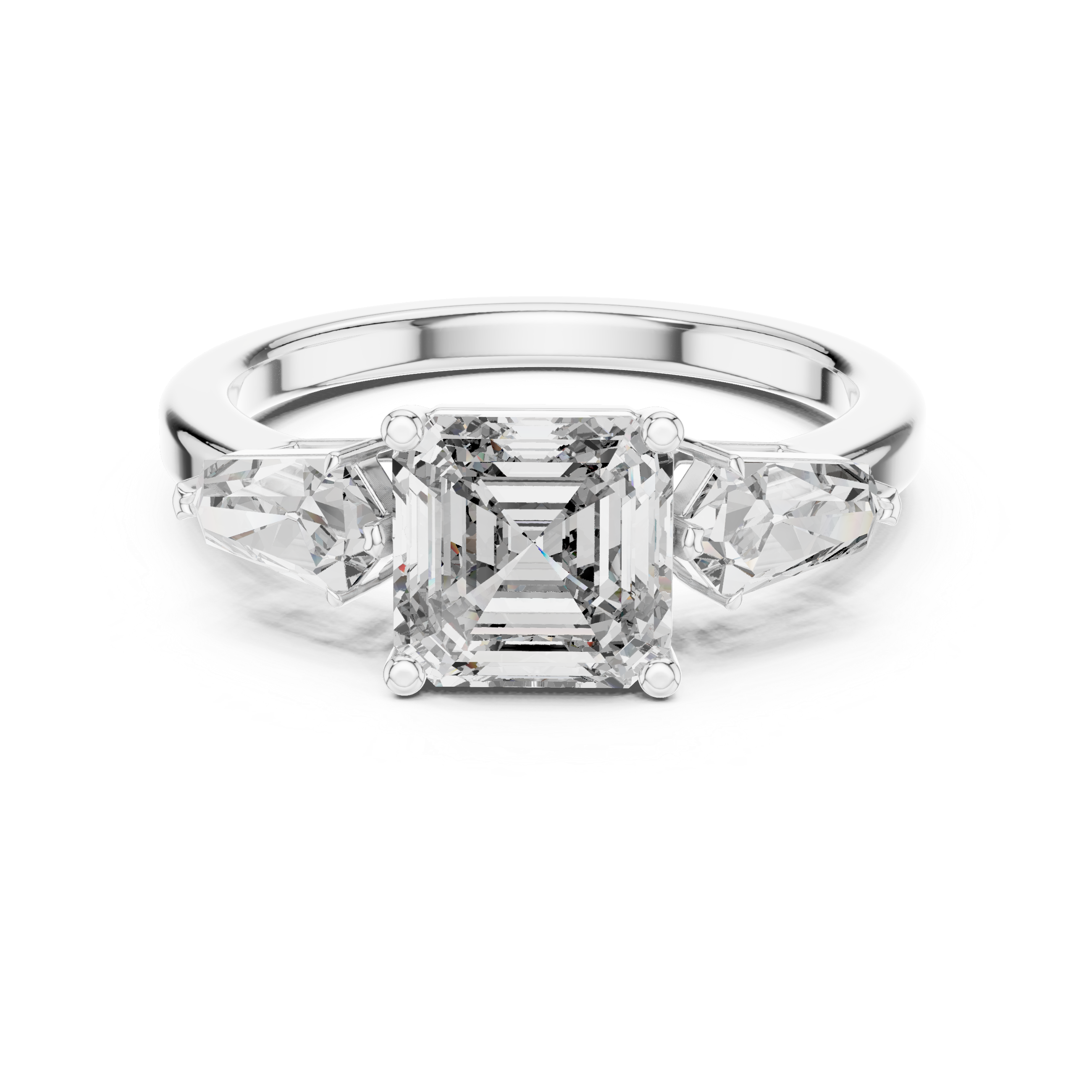 Asscher Cut Three Stone Diamond Engagement Ring with Kite Side Diamonds