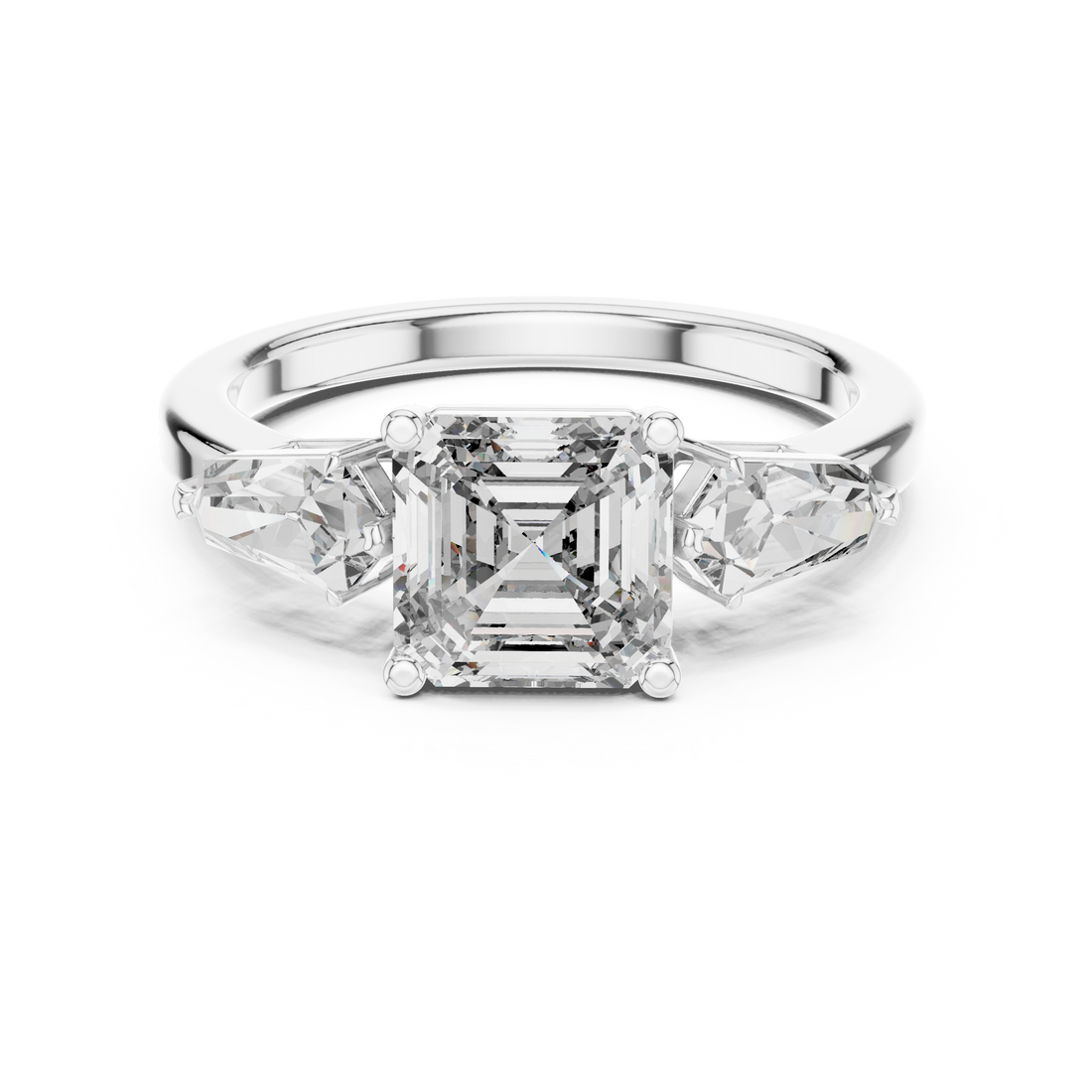 Asscher Cut Three Stone Diamond Engagement Ring with Kite Side Diamonds