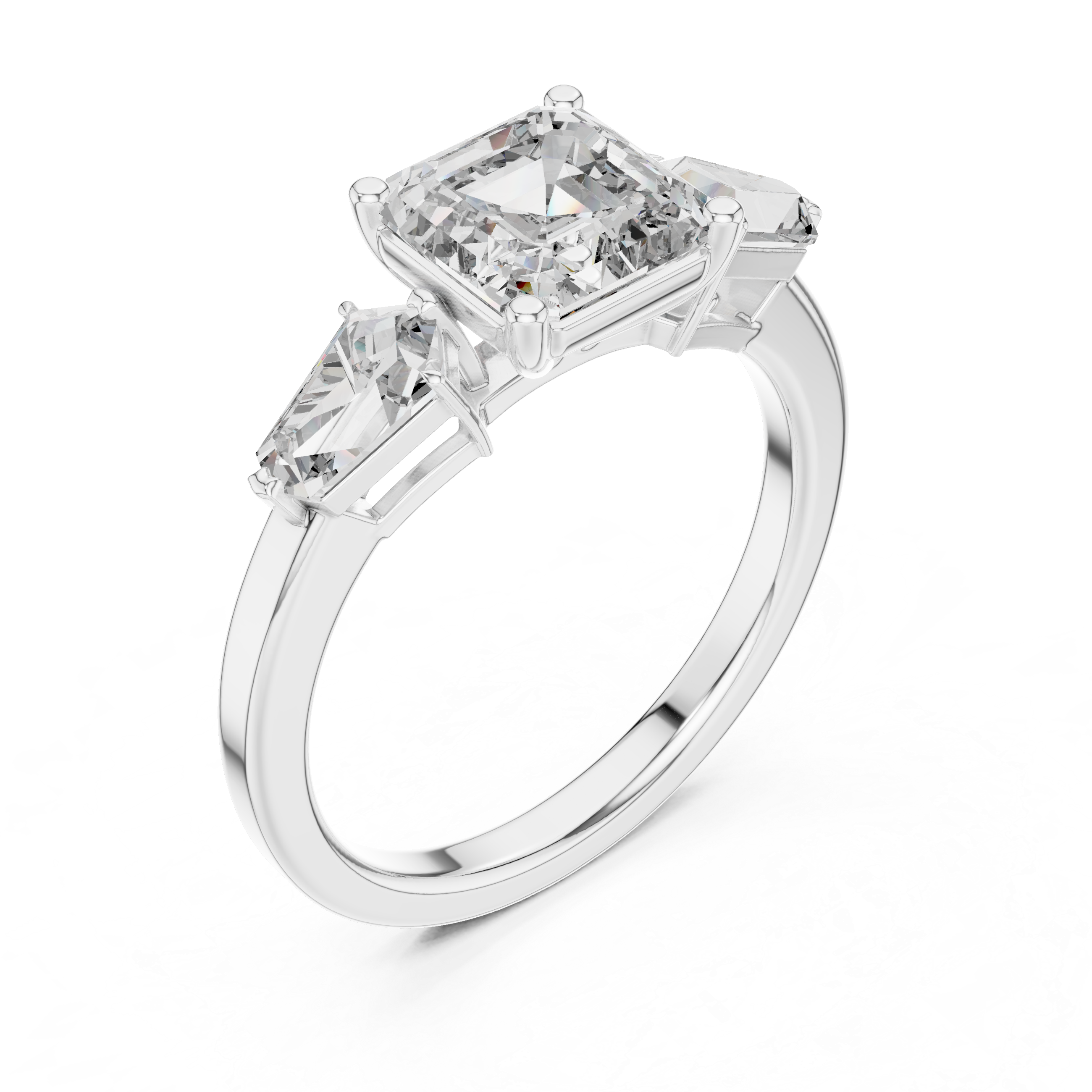 Asscher Cut Three Stone Diamond Engagement Ring with Kite Side Diamonds