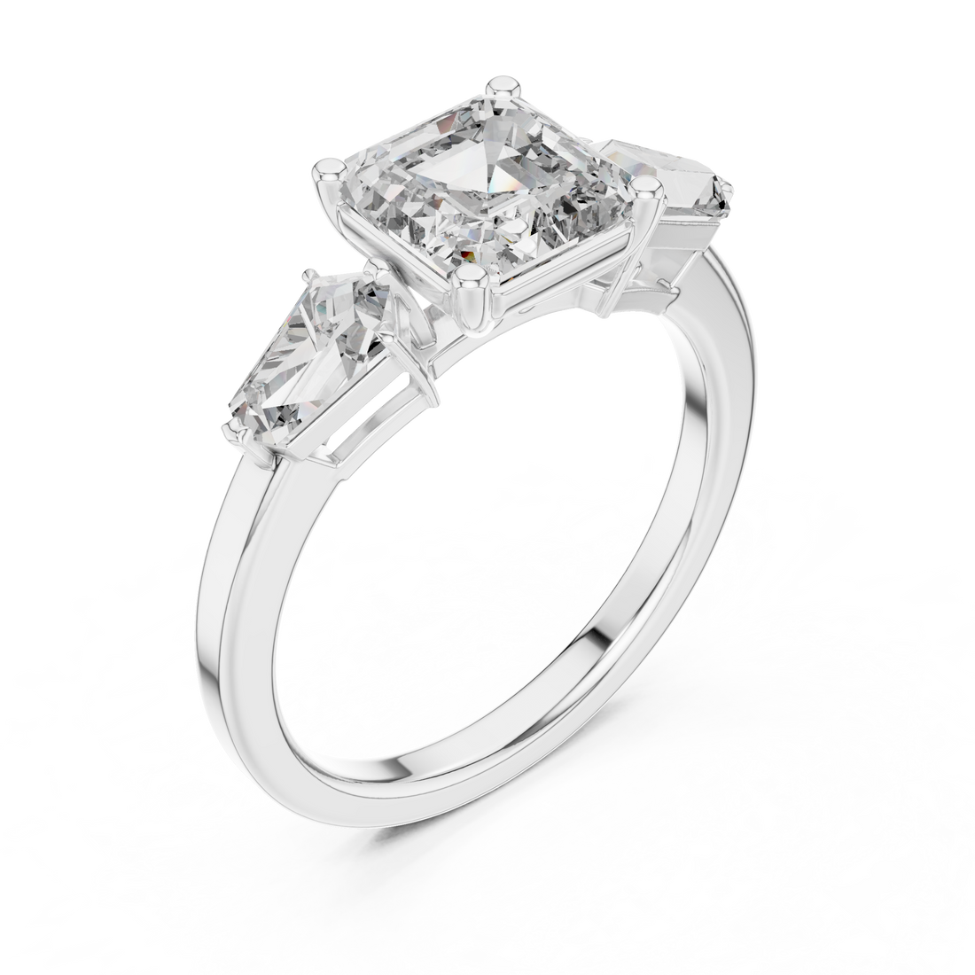 Asscher Cut Three Stone Diamond Engagement Ring with Kite Side Diamonds
