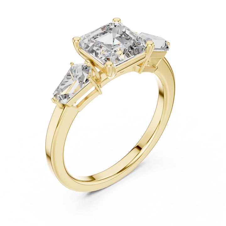Asscher Cut Three Stone Diamond Engagement Ring with Kite Side Diamonds