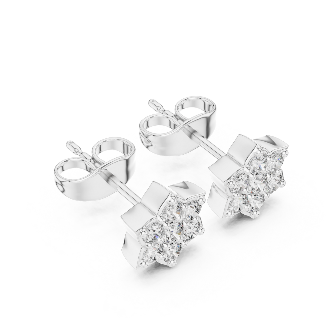 Round Brilliant Diamond Floral Star Cluster Prong Set Classic Stud Earrings