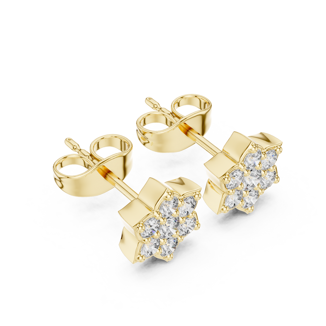 Round Brilliant Diamond Floral Star Cluster Prong Set Classic Stud Earrings