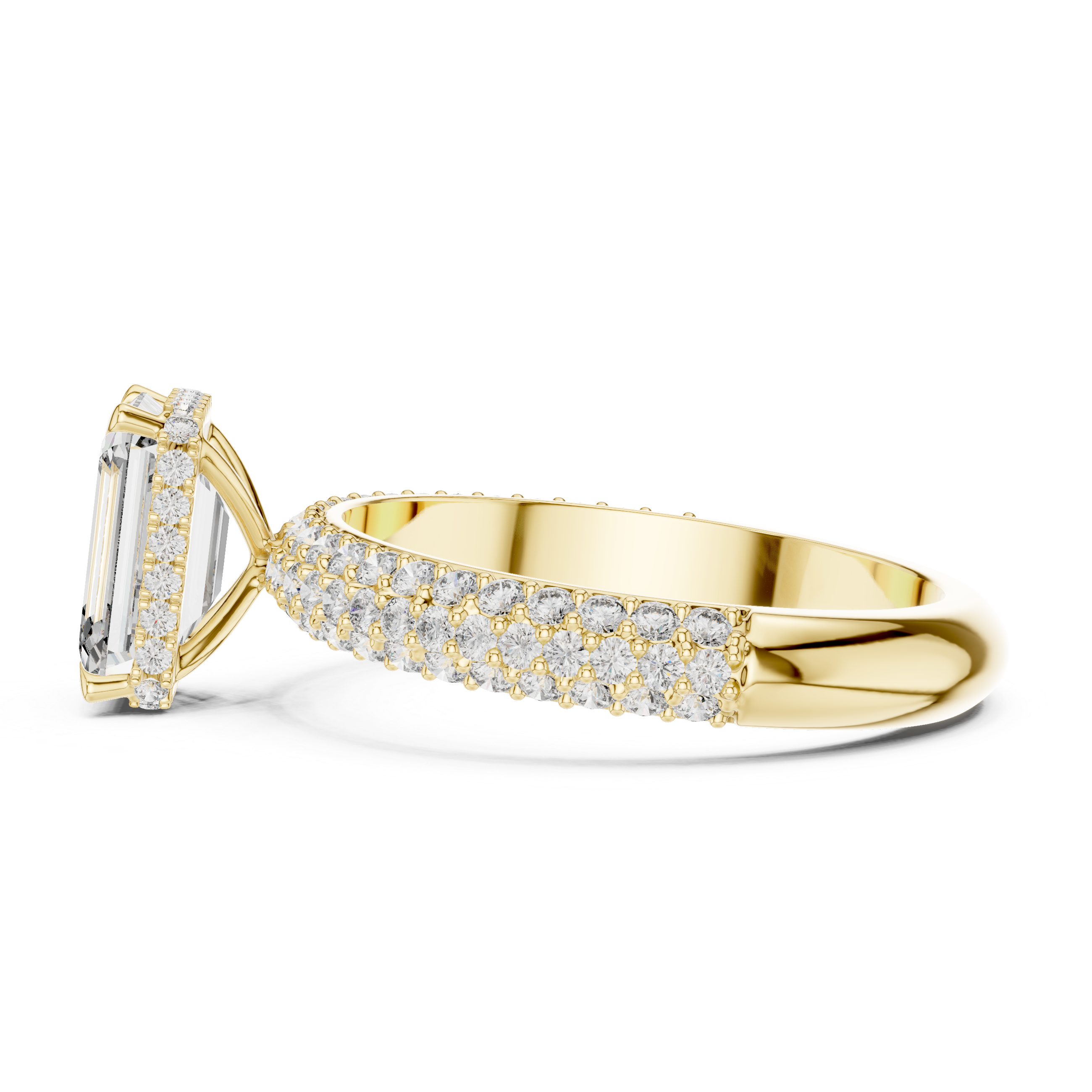 Vintage-inspired halo ring with ornate edges.