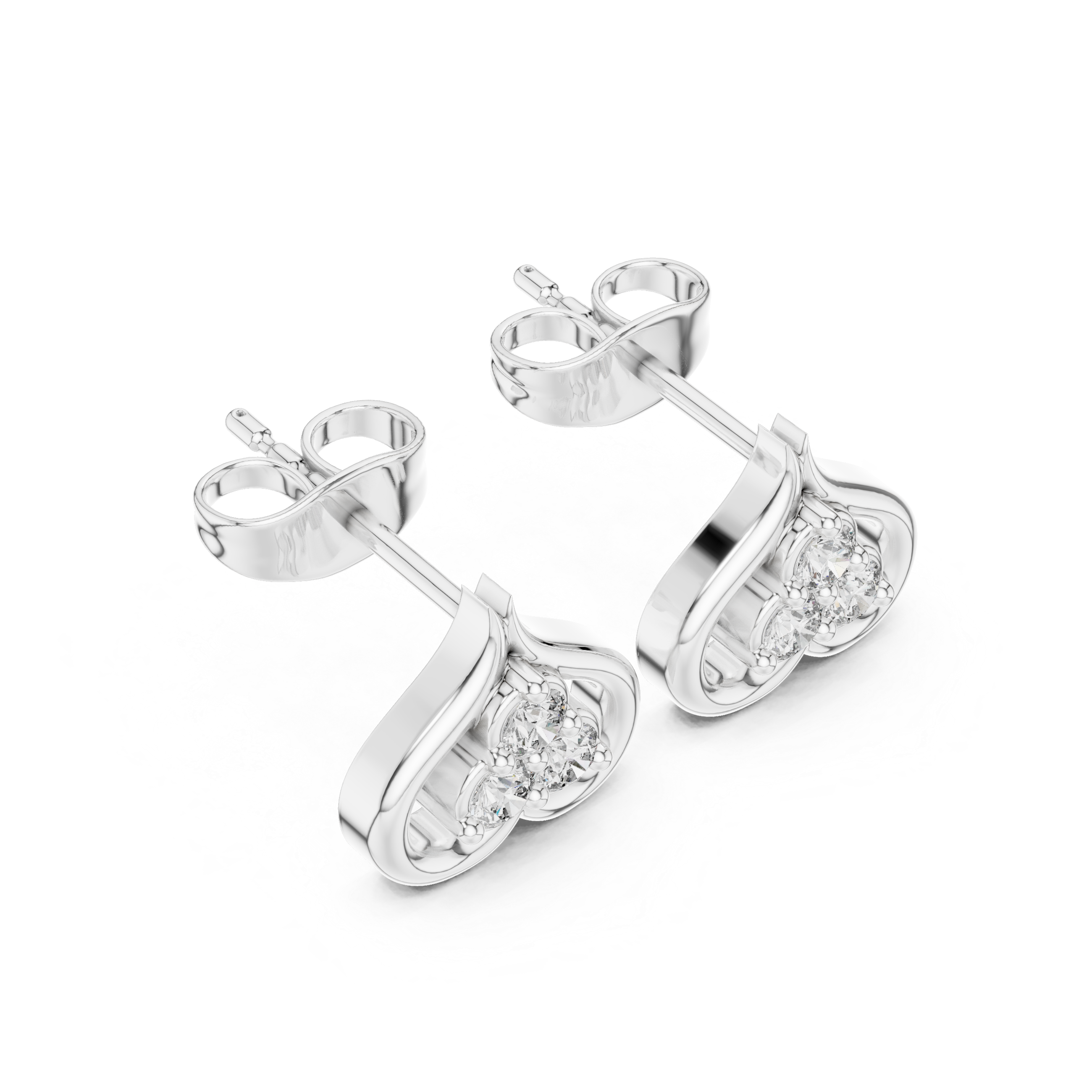 Round Brilliant Diamond Open Heart Trio Cluster Collet Set Stud Earrings