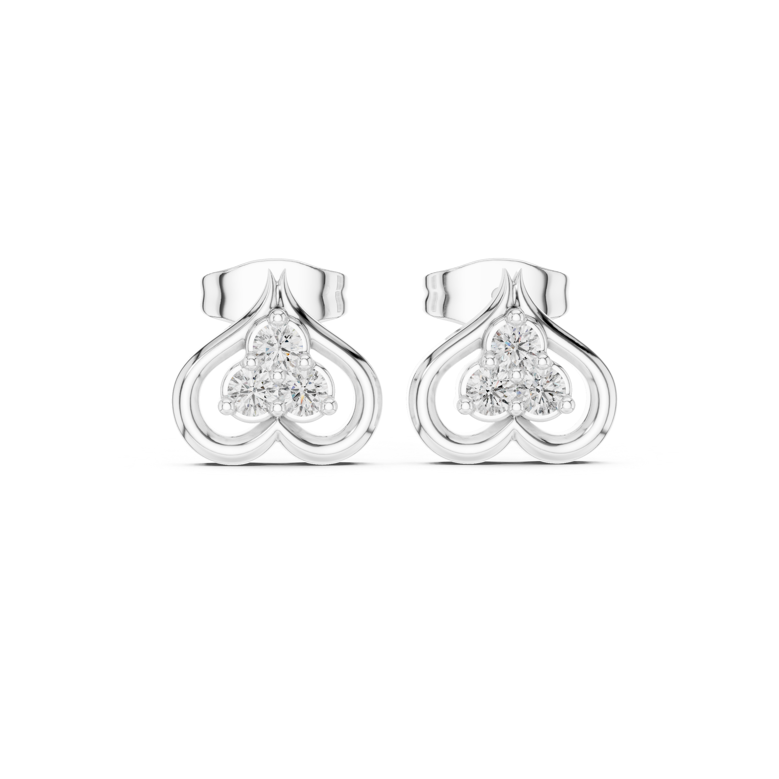 Round Brilliant Diamond Open Heart Trio Cluster Collet Set Stud Earrings