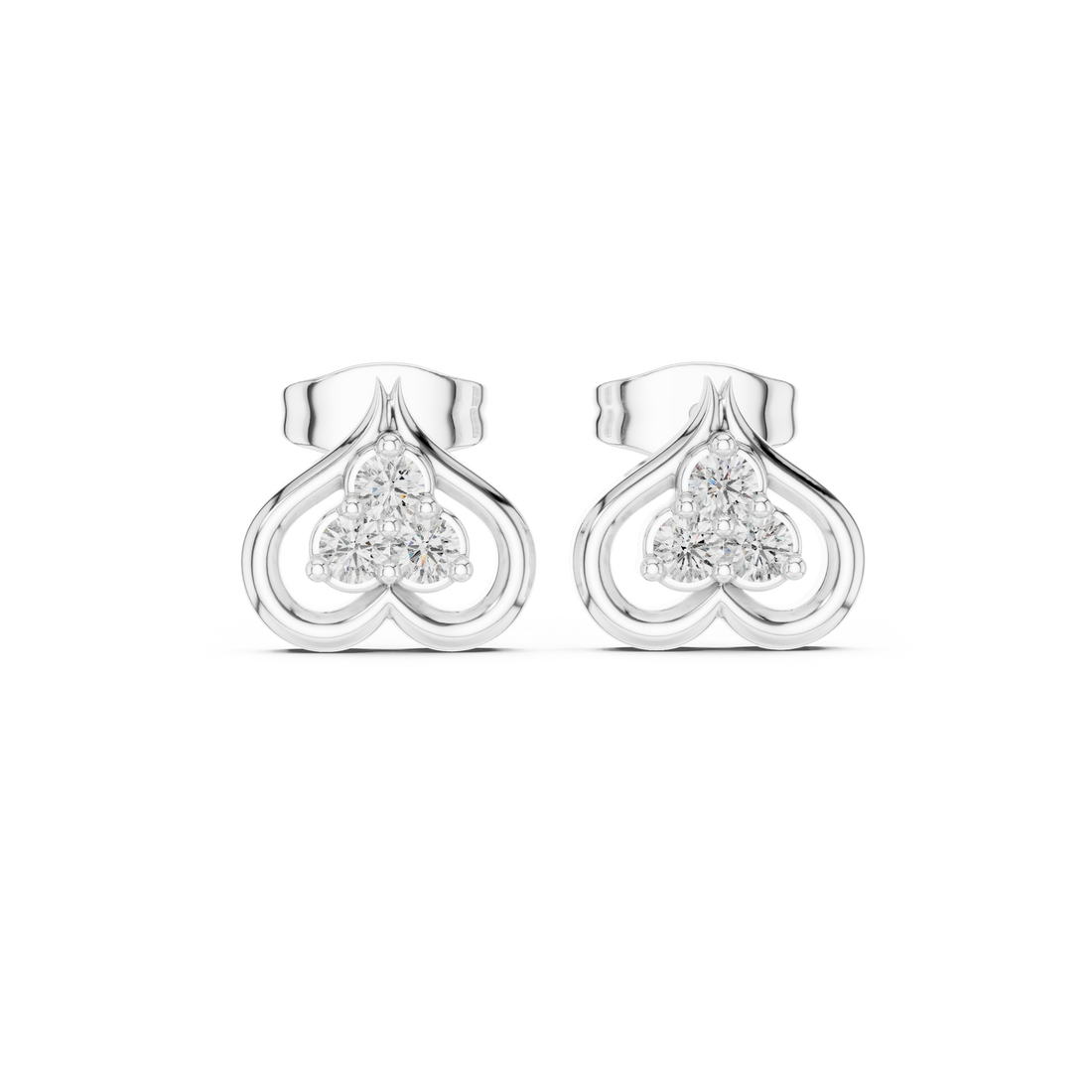 Round Brilliant Diamond Open Heart Trio Cluster Collet Set Stud Earrings