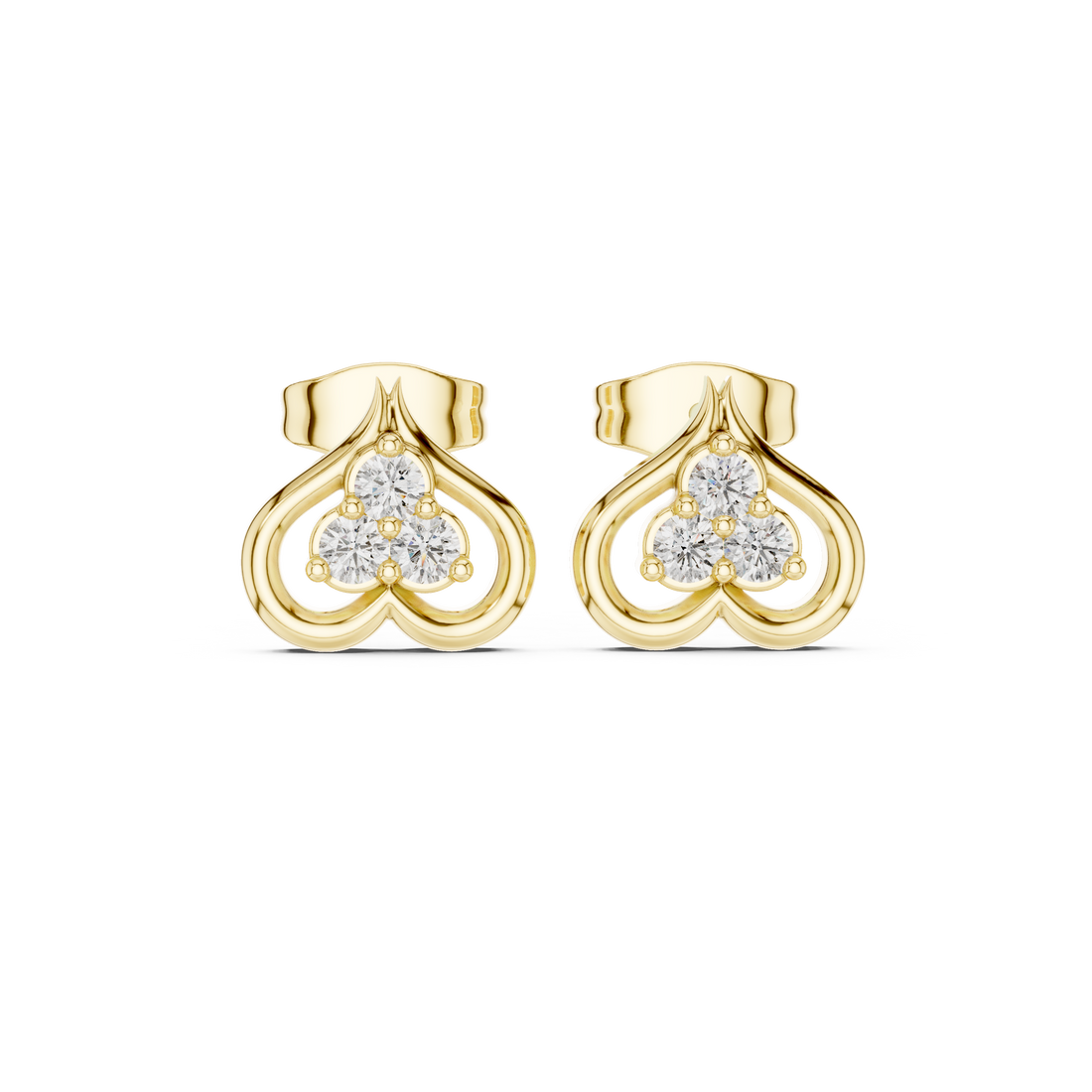 Round Brilliant Diamond Open Heart Trio Cluster Collet Set Stud Earrings