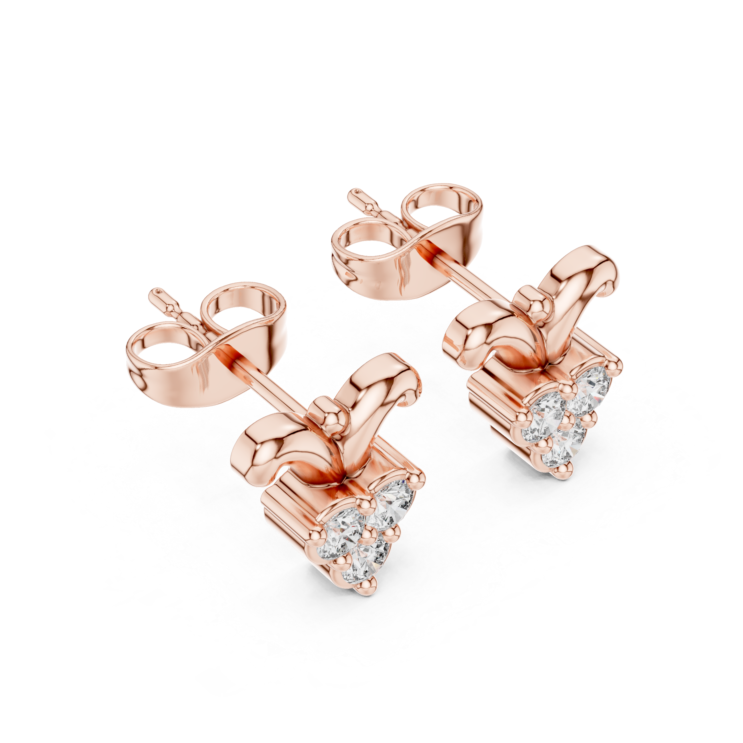 Round Brilliant Diamond Triple Cluster Scroll Motif Collet Set Stud Earrings