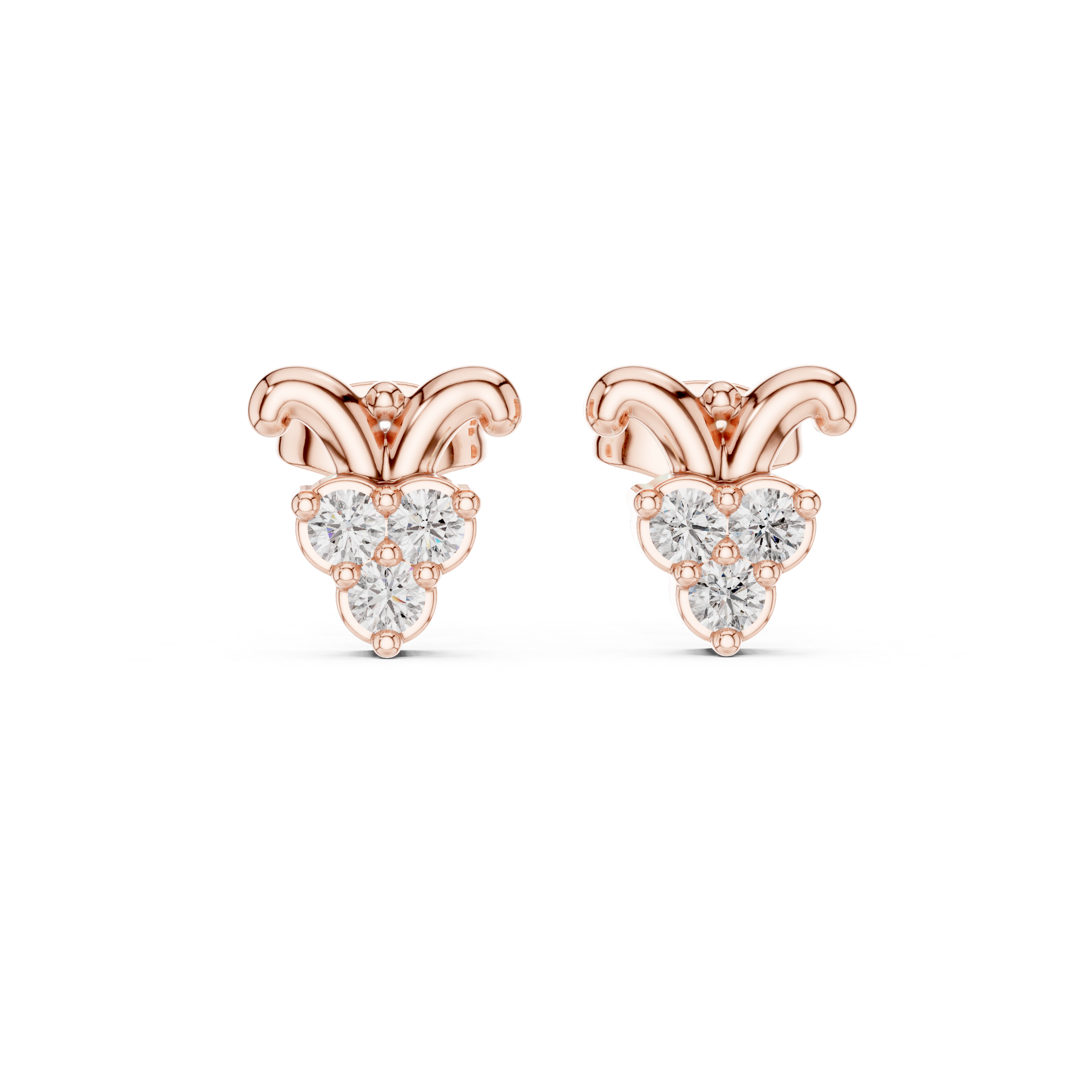 Round Brilliant Diamond Triple Cluster Scroll Motif Collet Set Stud Earrings