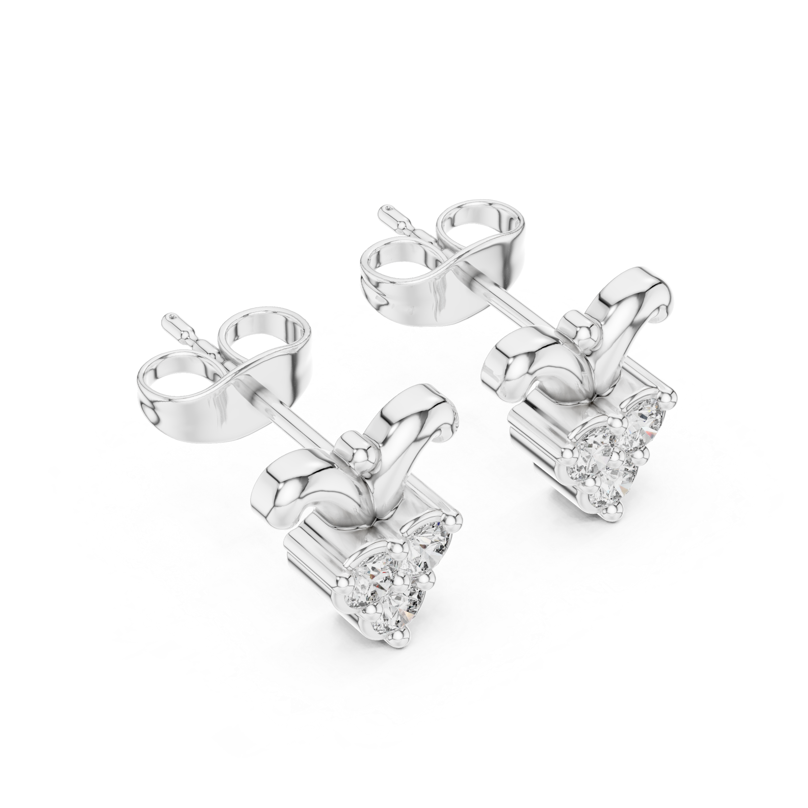 Round Brilliant Diamond Triple Cluster Scroll Motif Collet Set Stud Earrings