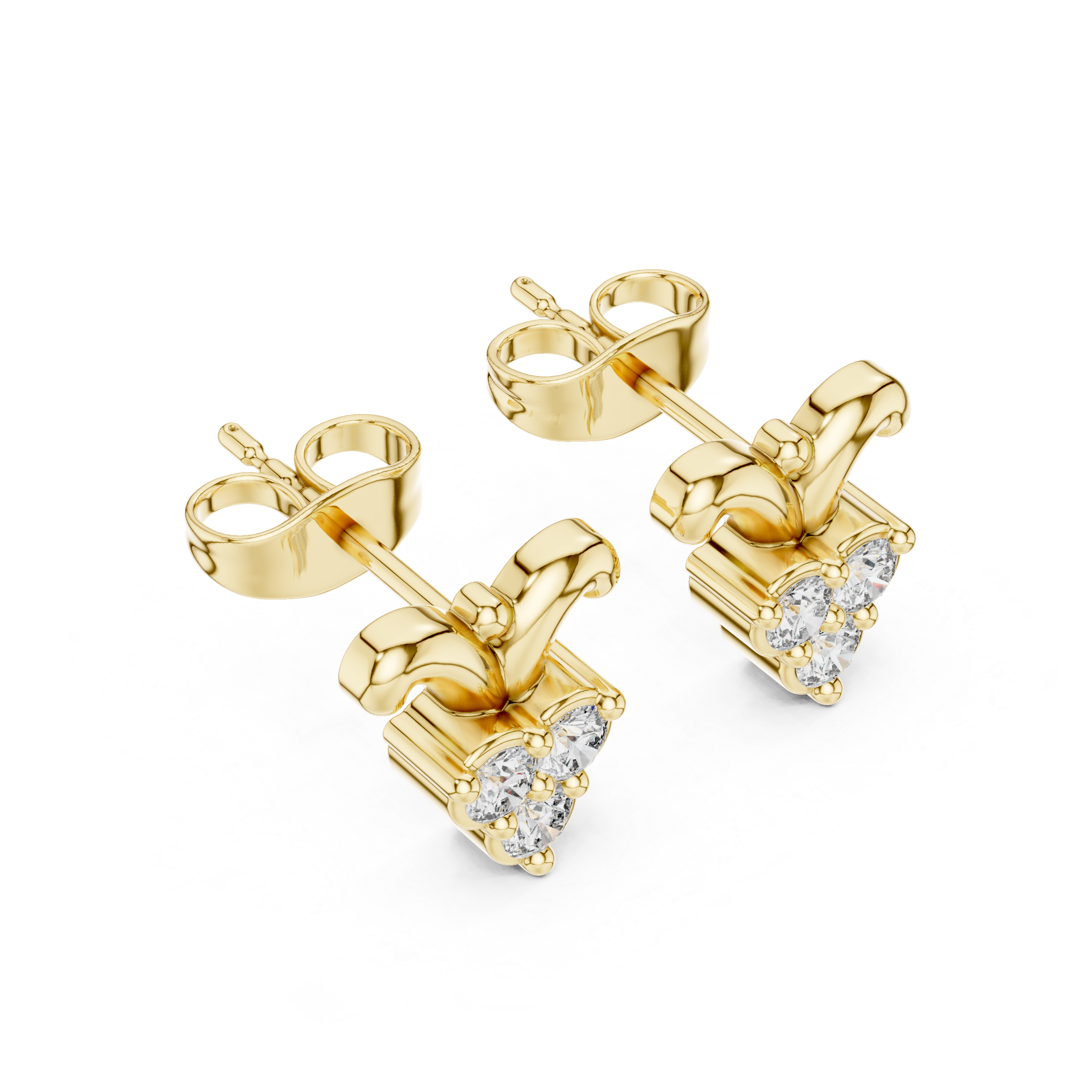 Round Brilliant Diamond Triple Cluster Scroll Motif Collet Set Stud Earrings