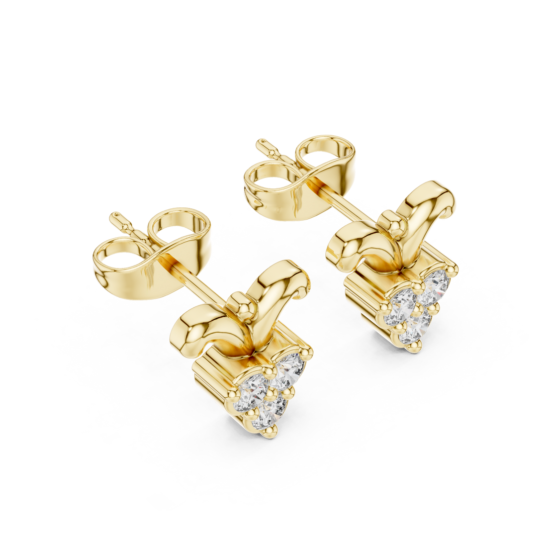 Round Brilliant Diamond Triple Cluster Scroll Motif Collet Set Stud Earrings