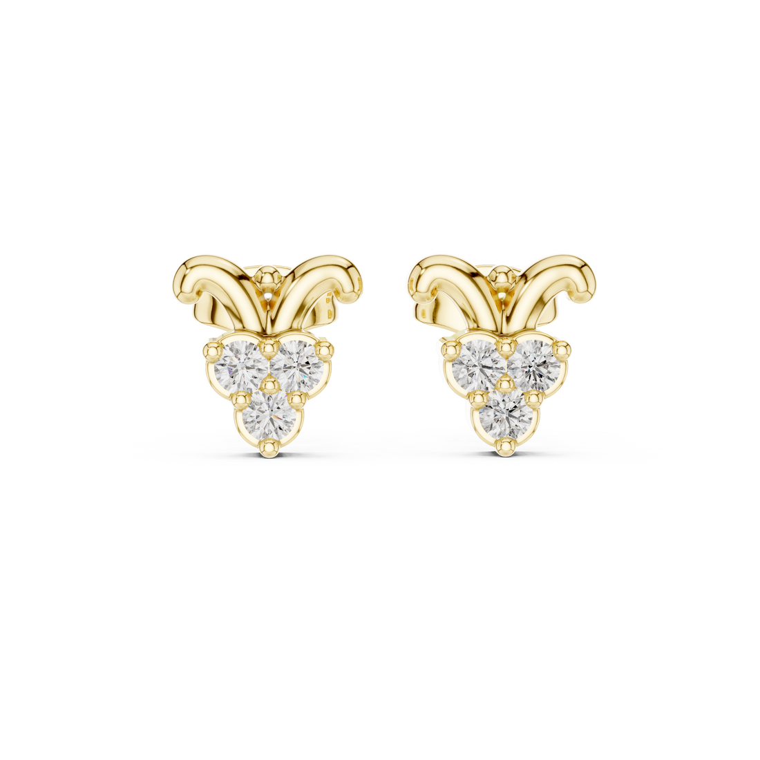Round Brilliant Diamond Triple Cluster Scroll Motif Collet Set Stud Earrings