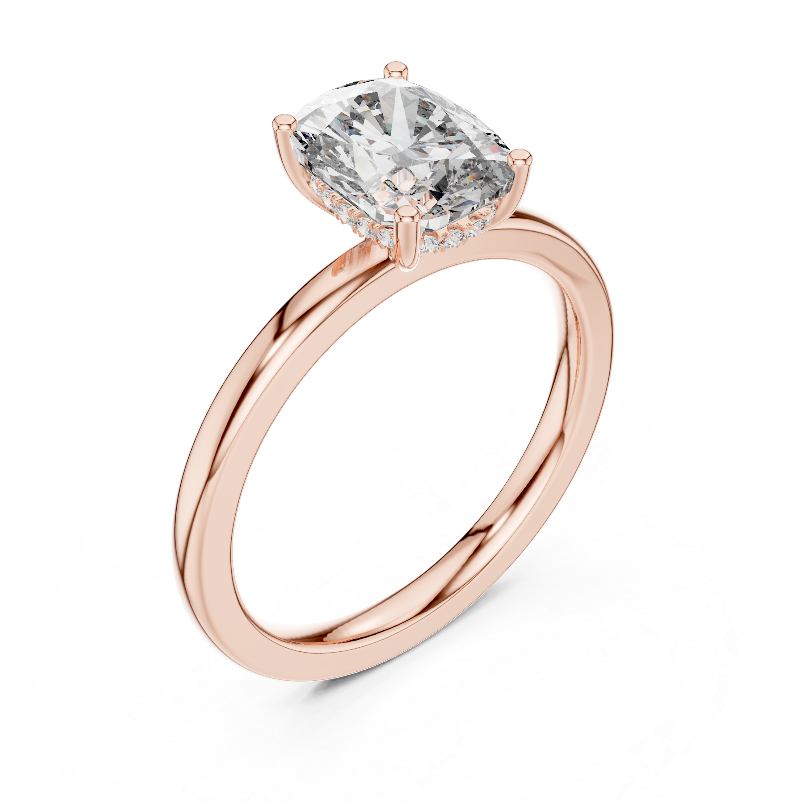 Cushion Cut Solitaire Diamond Ring with Hidden Halo Detail