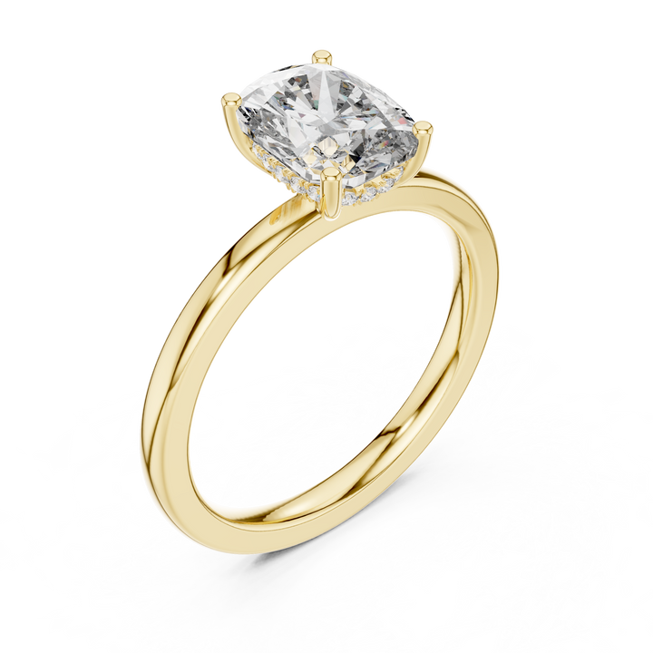 Cushion Cut Solitaire Diamond Ring with Hidden Halo Detail