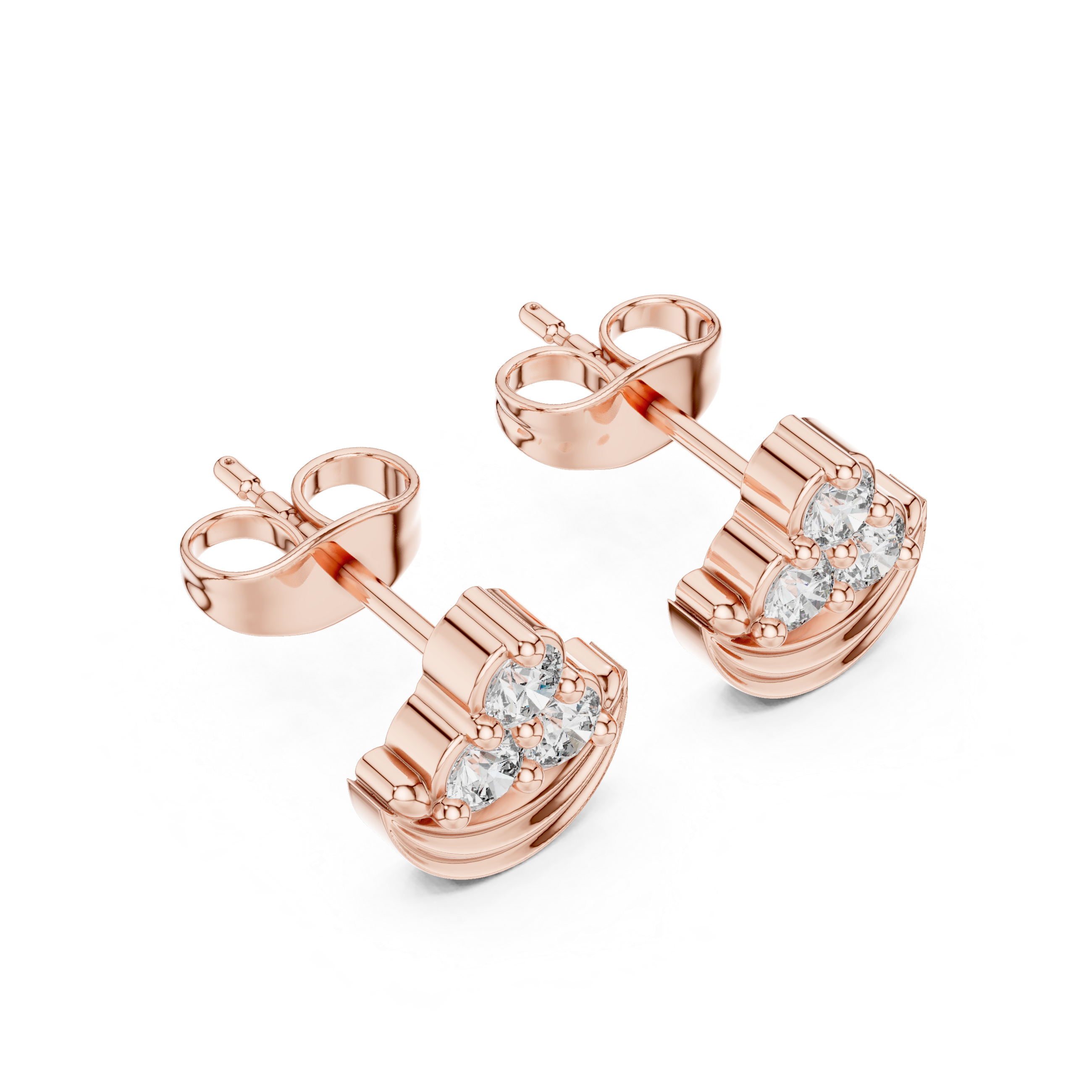 Round Brilliant Diamond Triple Cluster Arched Fan Collet Set Stud Earrings