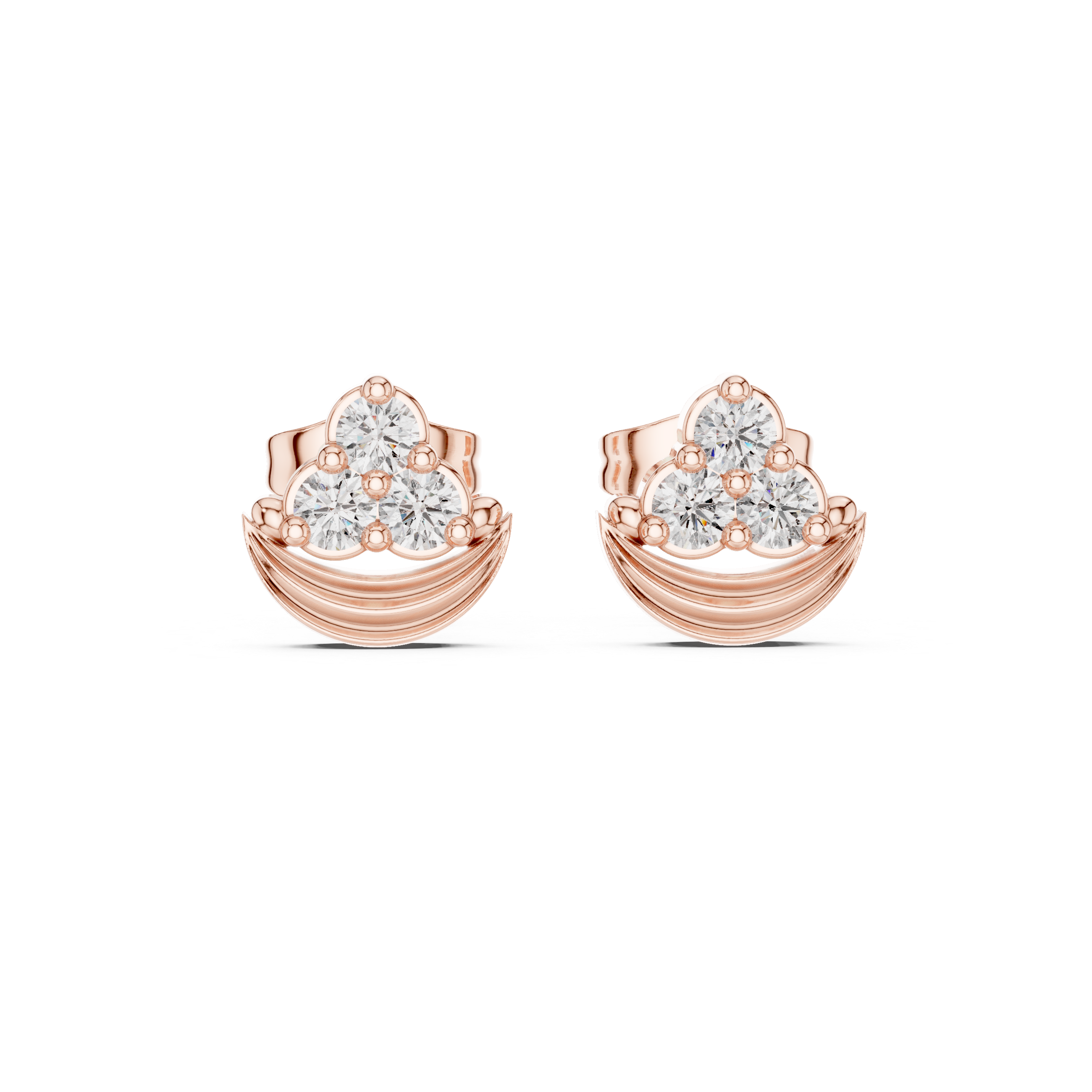 Round Brilliant Diamond Triple Cluster Arched Fan Collet Set Stud Earrings