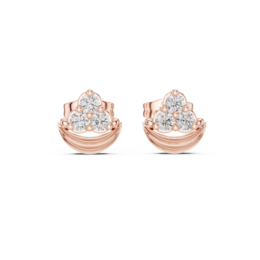 Round Brilliant Diamond Triple Cluster Arched Fan Collet Set Stud Earrings