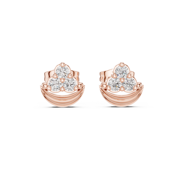 Round Brilliant Diamond Triple Cluster Arched Fan Collet Set Stud Earrings