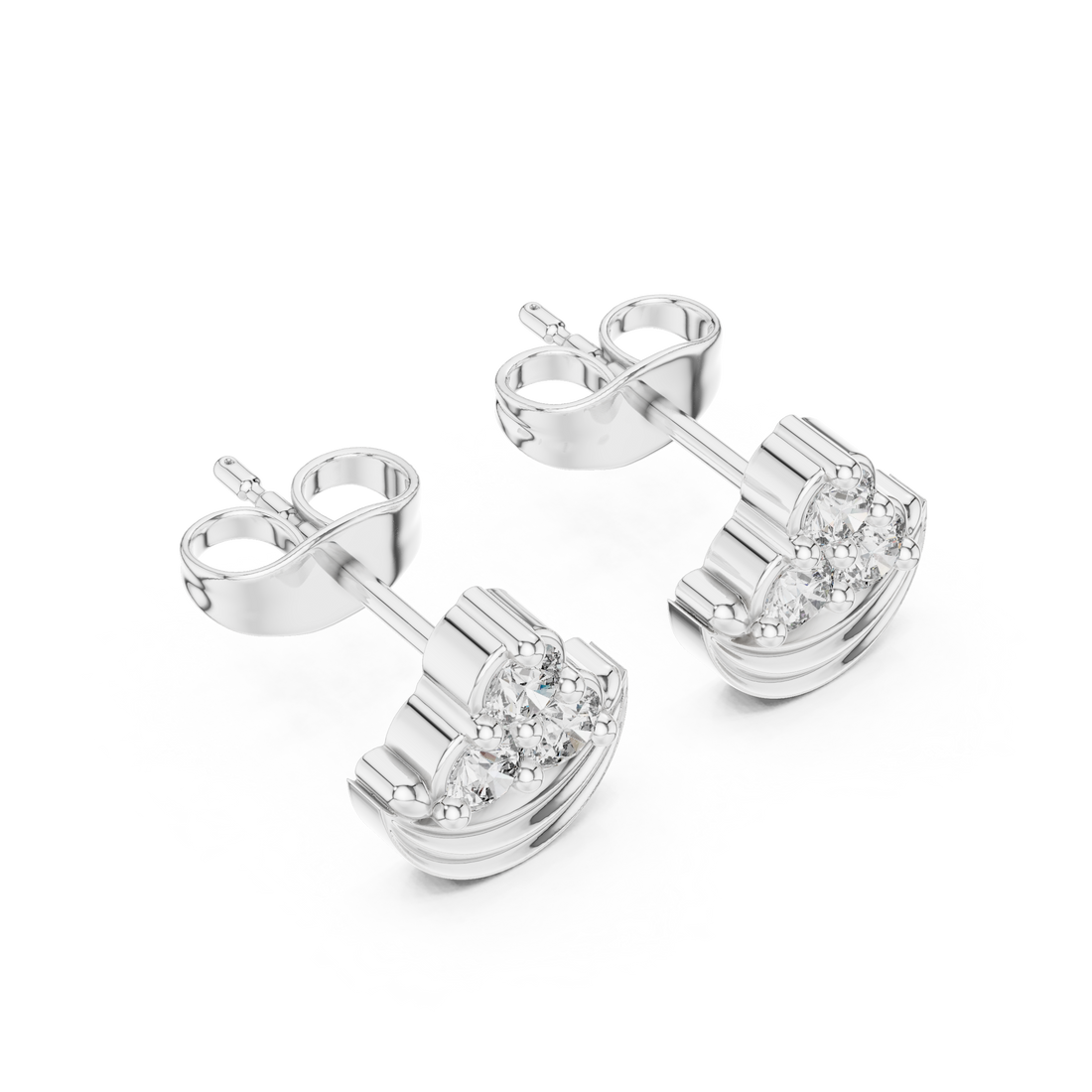 Round Brilliant Diamond Triple Cluster Arched Fan Collet Set Stud Earrings