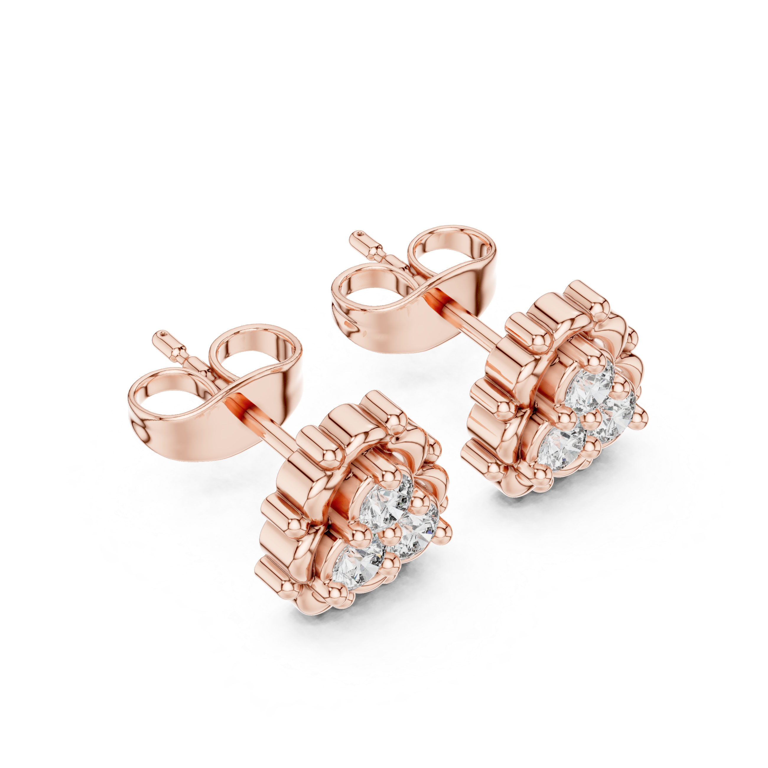 Round Brilliant Diamond Triple Cluster Scalloped Halo Collet Set Stud Earrings