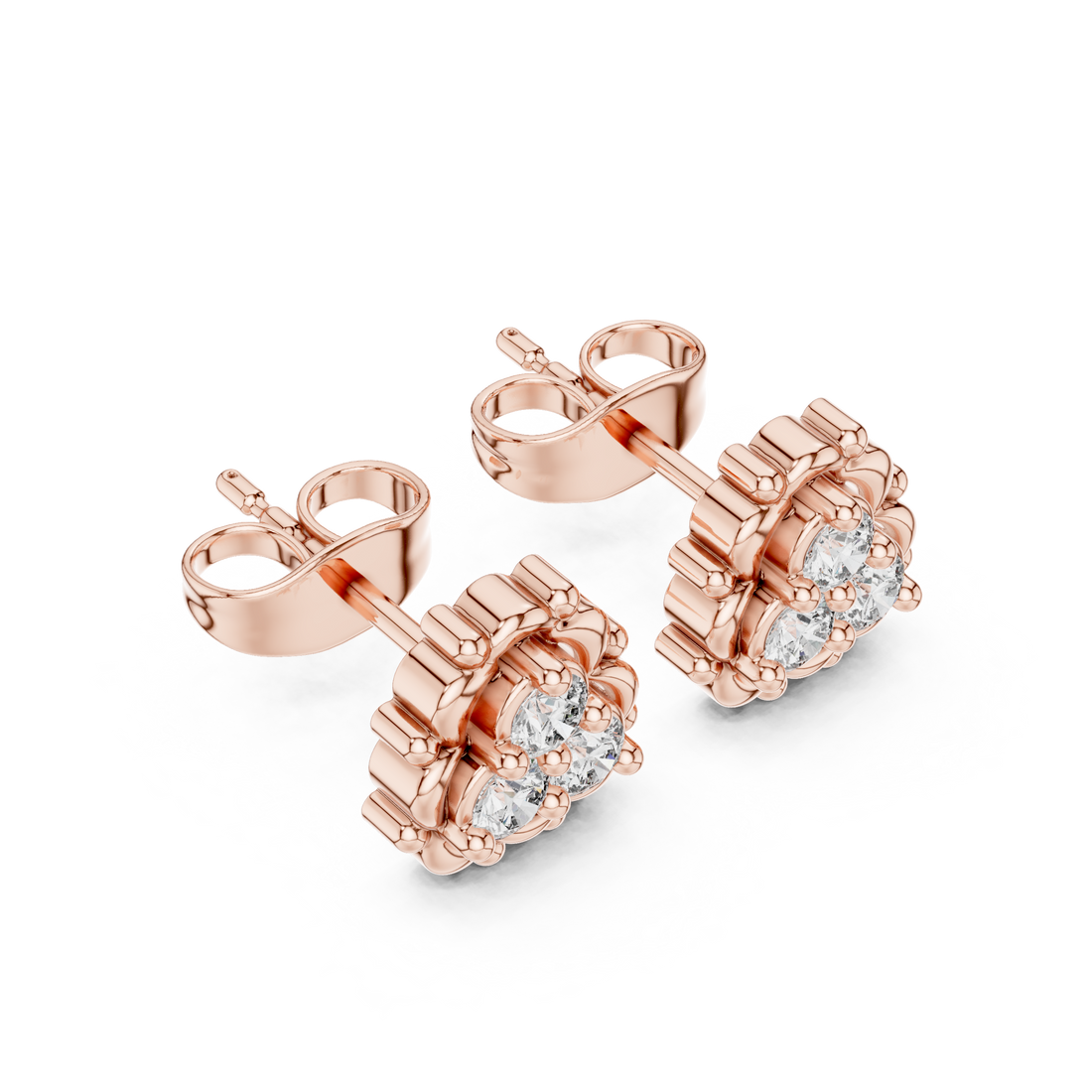 Round Brilliant Diamond Triple Cluster Scalloped Halo Collet Set Stud Earrings