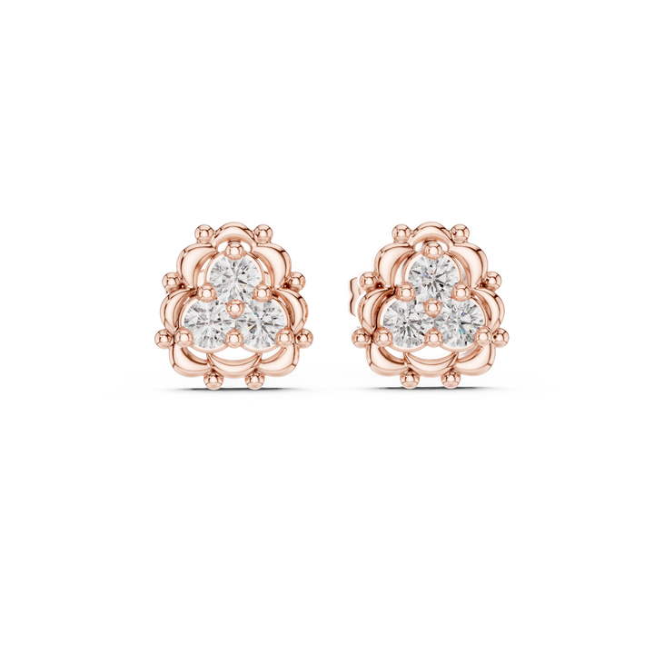 Round Brilliant Diamond Triple Cluster Scalloped Halo Collet Set Stud Earrings