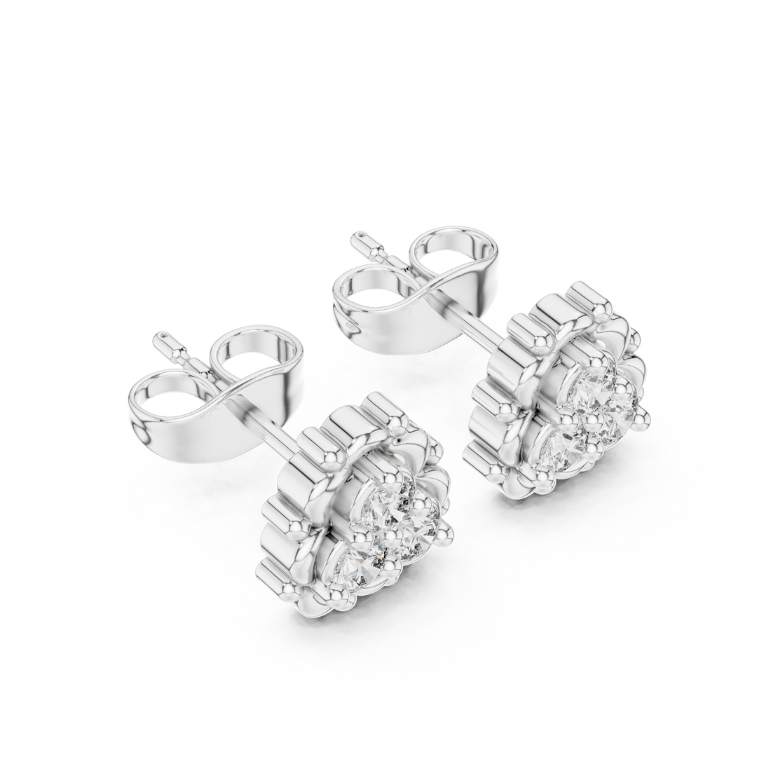 Round Brilliant Diamond Triple Cluster Scalloped Halo Collet Set Stud Earrings